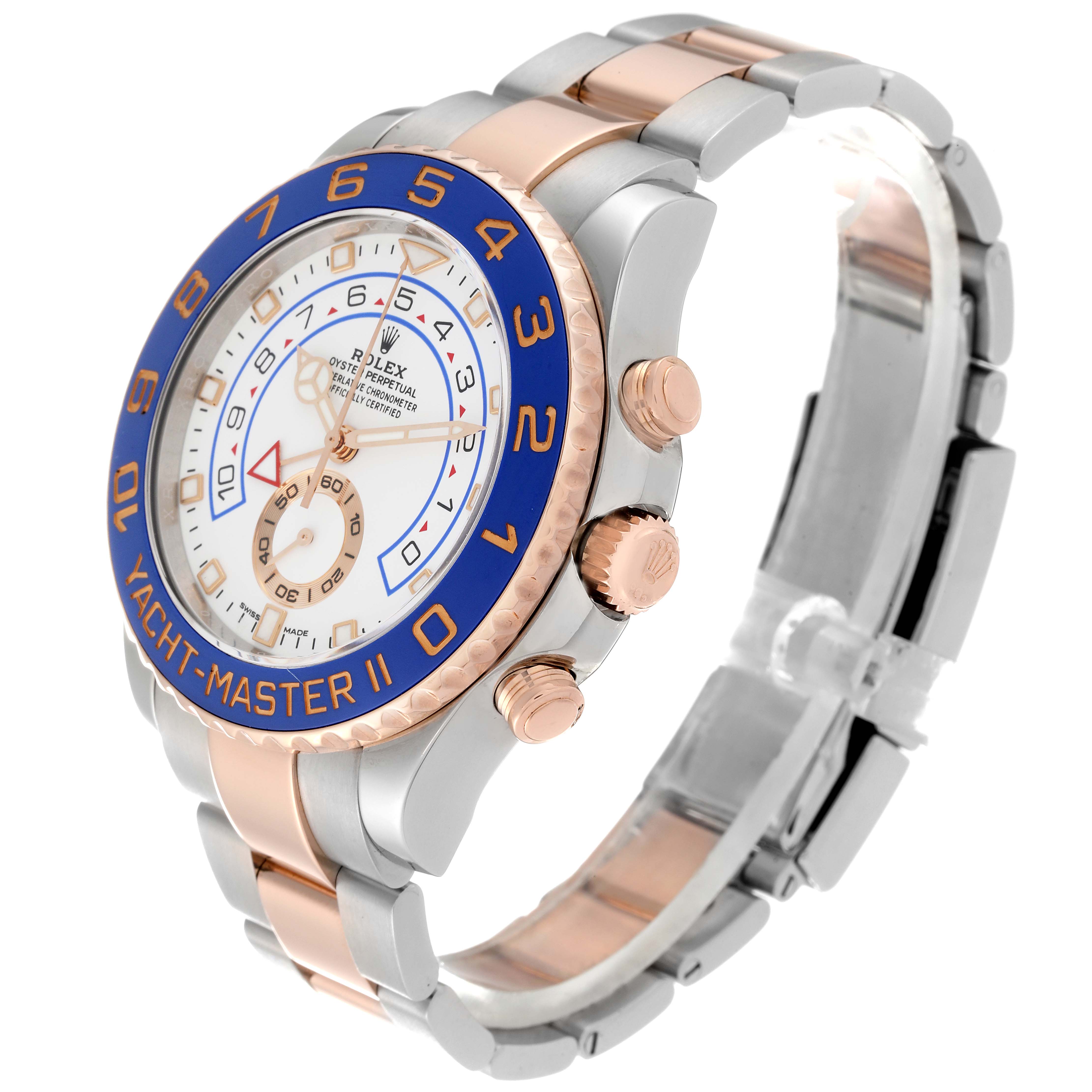 This is a side view of the Rolex Yacht-Master 116681 Men
s Steel and Gold (two tone) White Dial 116681 Men
s Steel and Gold (two tone) White Dial watch showing the face, bezel, crown, and bracelet.