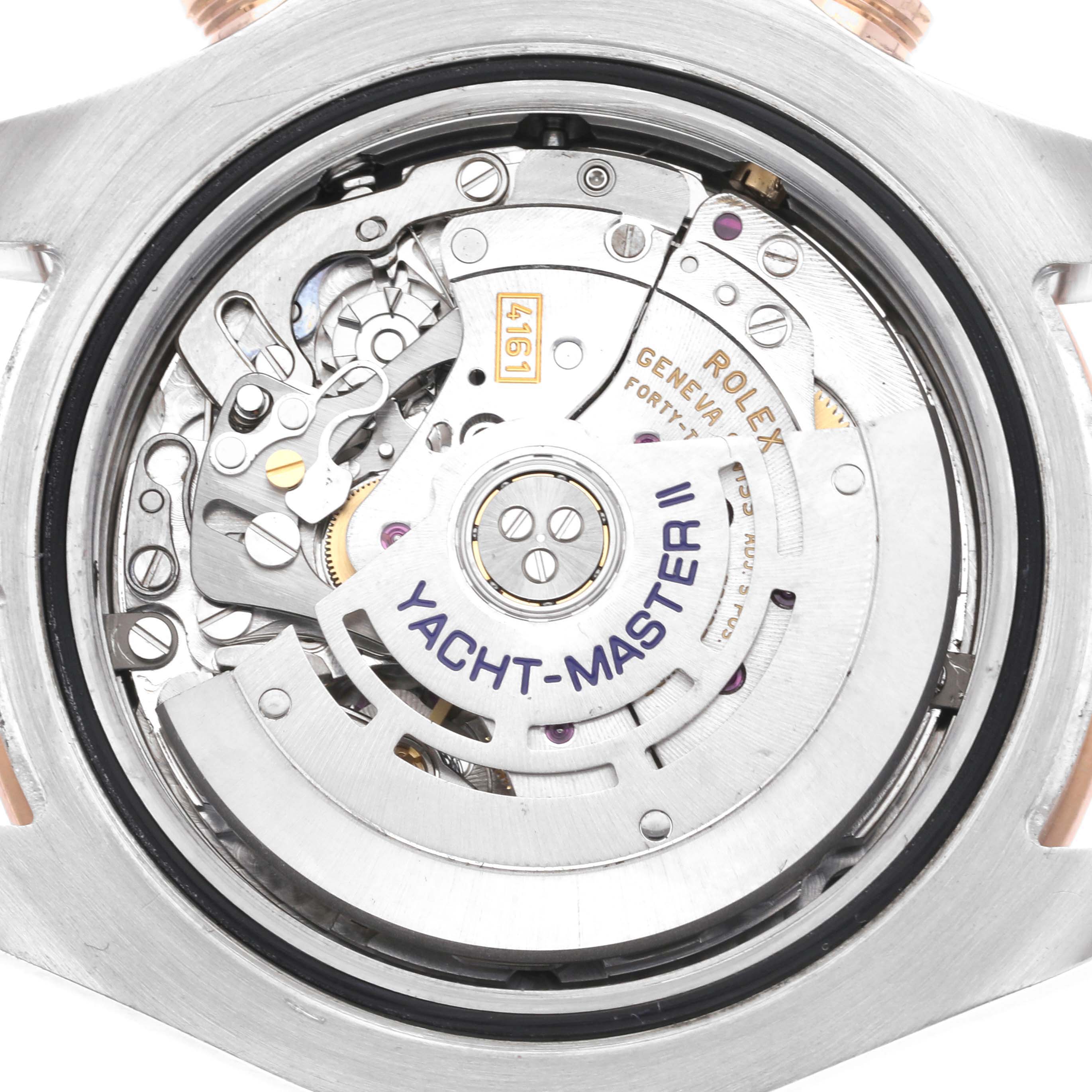 This image shows the inner mechanical movement of a Rolex Yacht-Master 116681 Men
s Steel and Gold (two tone) White Dial 116681 Men
s Steel and Gold (two tone) White Dial II watch at a close-up angle.