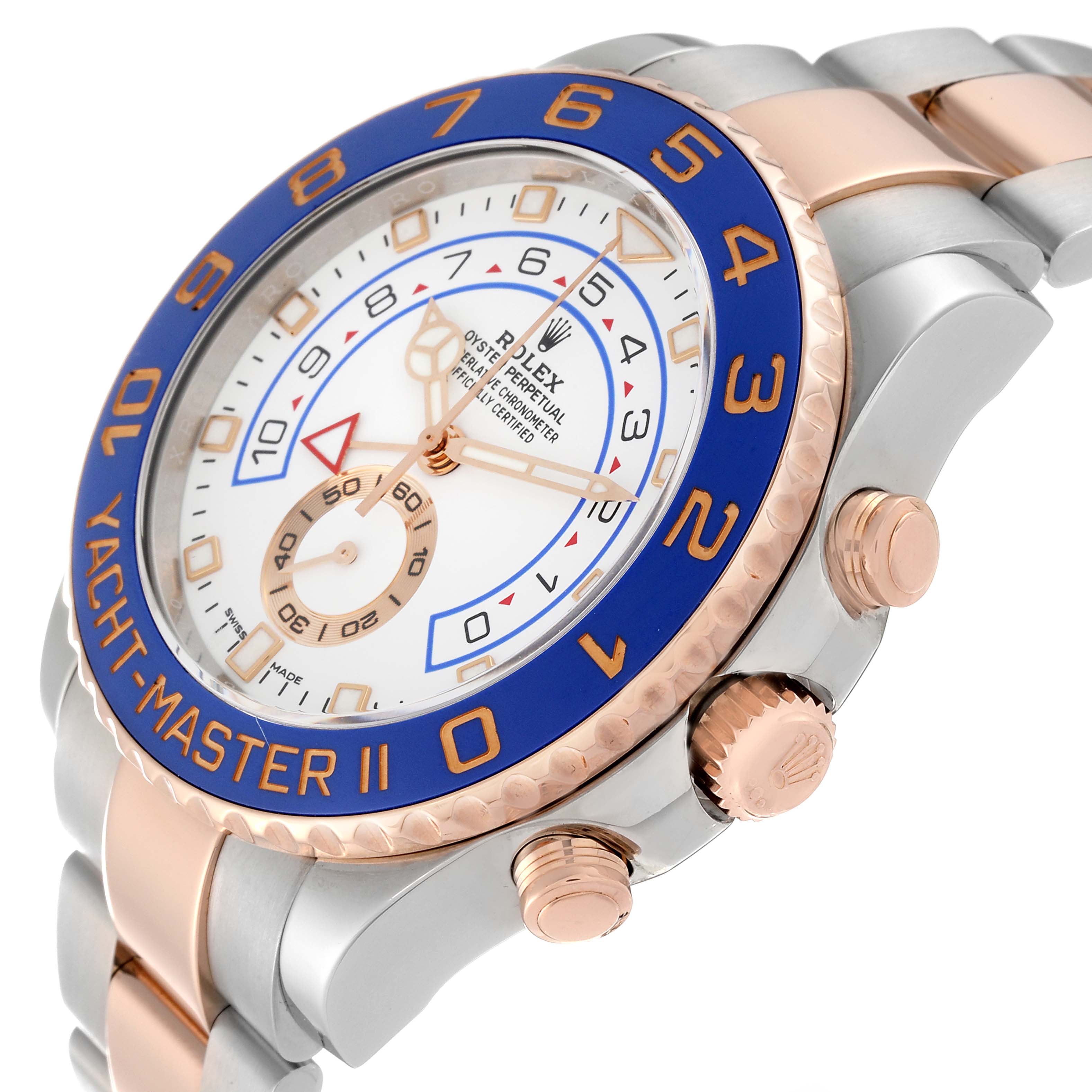 This image shows a Rolex Yacht-Master 116681 Men
s Steel and Gold (two tone) White Dial 116681 Men
s Steel and Gold (two tone) White Dial II watch at an angled view highlighting the face, bezel, and controls.