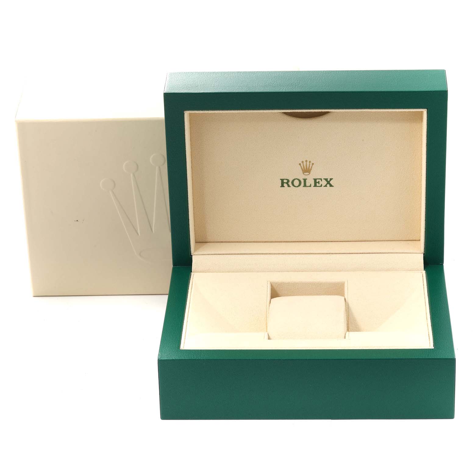 The image shows an open green Rolex box for the Yacht-Master model, displaying the interior cushion and branding.
