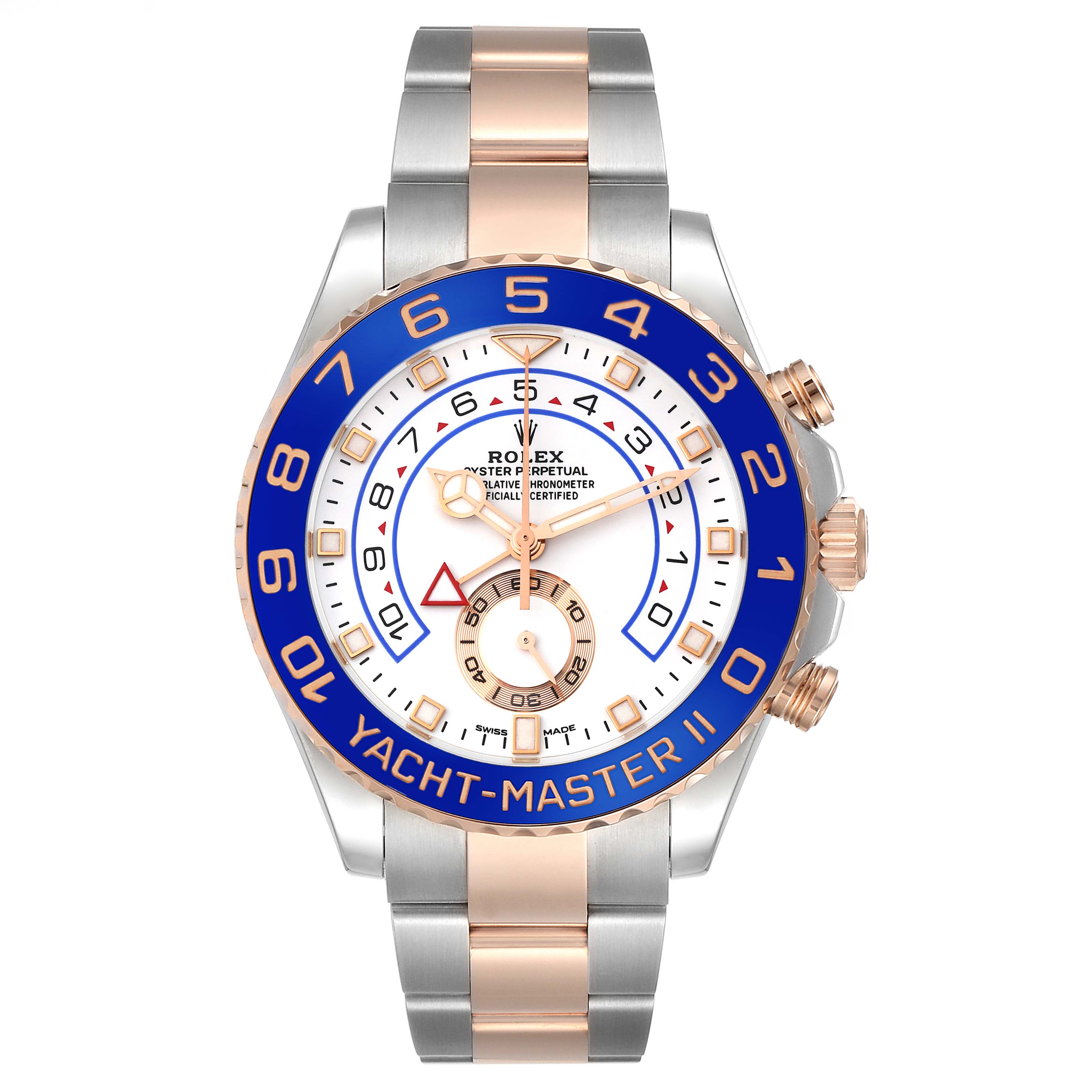 The Rolex Yacht-Master 116681 Men
s Steel and Gold (two tone) White Dial 116681 Men
s Steel and Gold (two tone) White Dial watch is shown from a top-down angle, displaying its face, bezel, and bracelet.