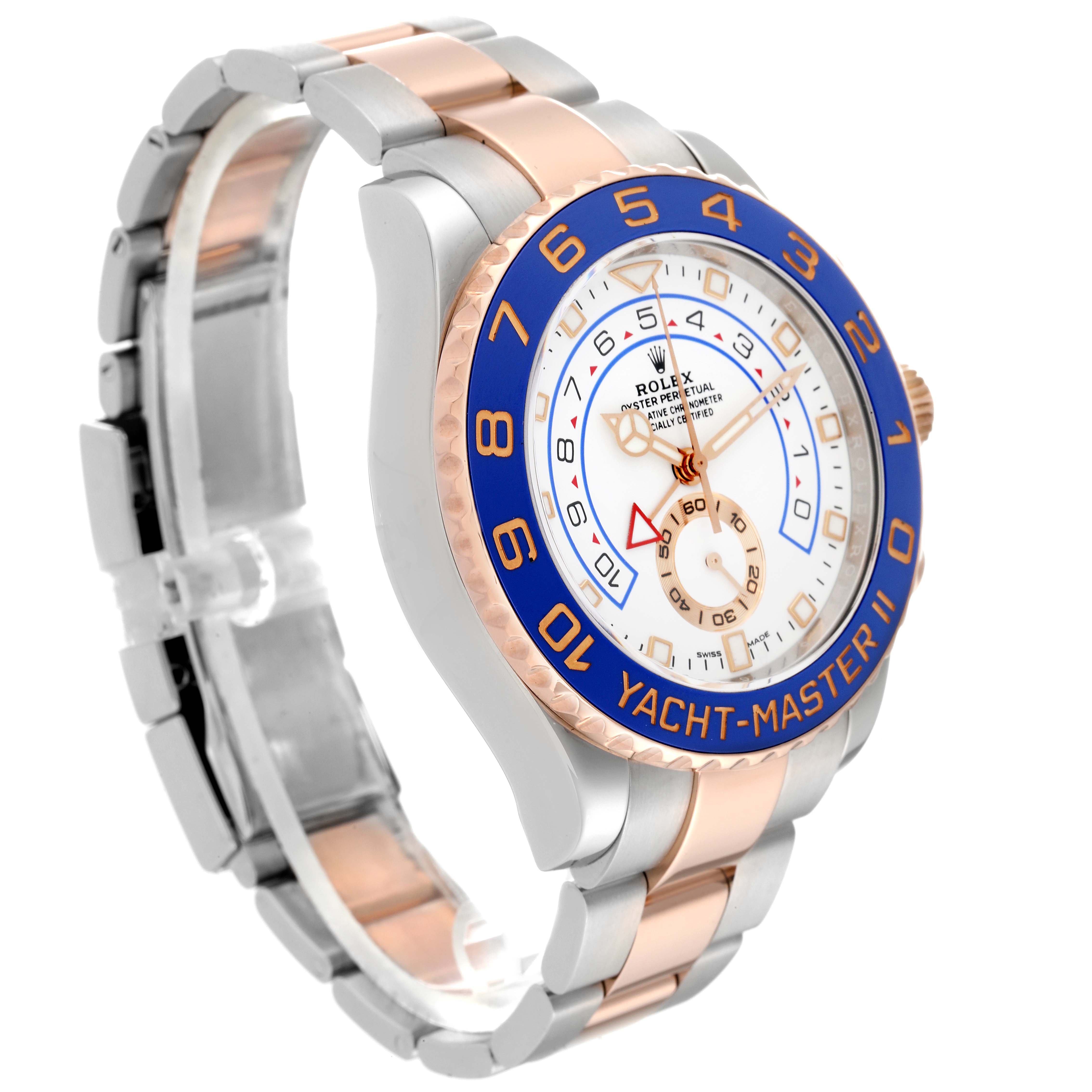The image shows a side angle of the Rolex Yacht-Master 116681 Men
s Steel and Gold (two tone) White Dial 116681 Men
s Steel and Gold (two tone) White Dial II watch, highlighting the face, bezel, and two-tone metal bracelet.
