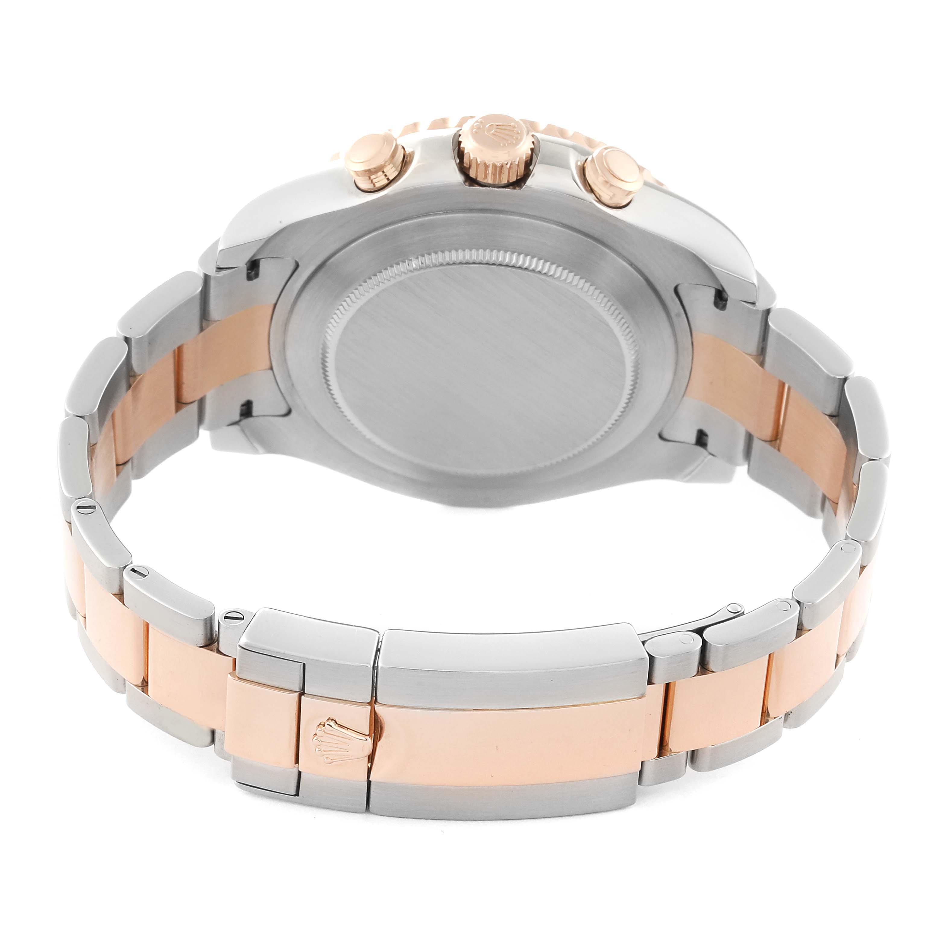 This image shows the back and side view of a Rolex Yacht-Master 116681 Men
s Steel and Gold (two tone) White Dial 116681 Men
s Steel and Gold (two tone) White Dial watch, highlighting its two-tone metal bracelet and clasp.