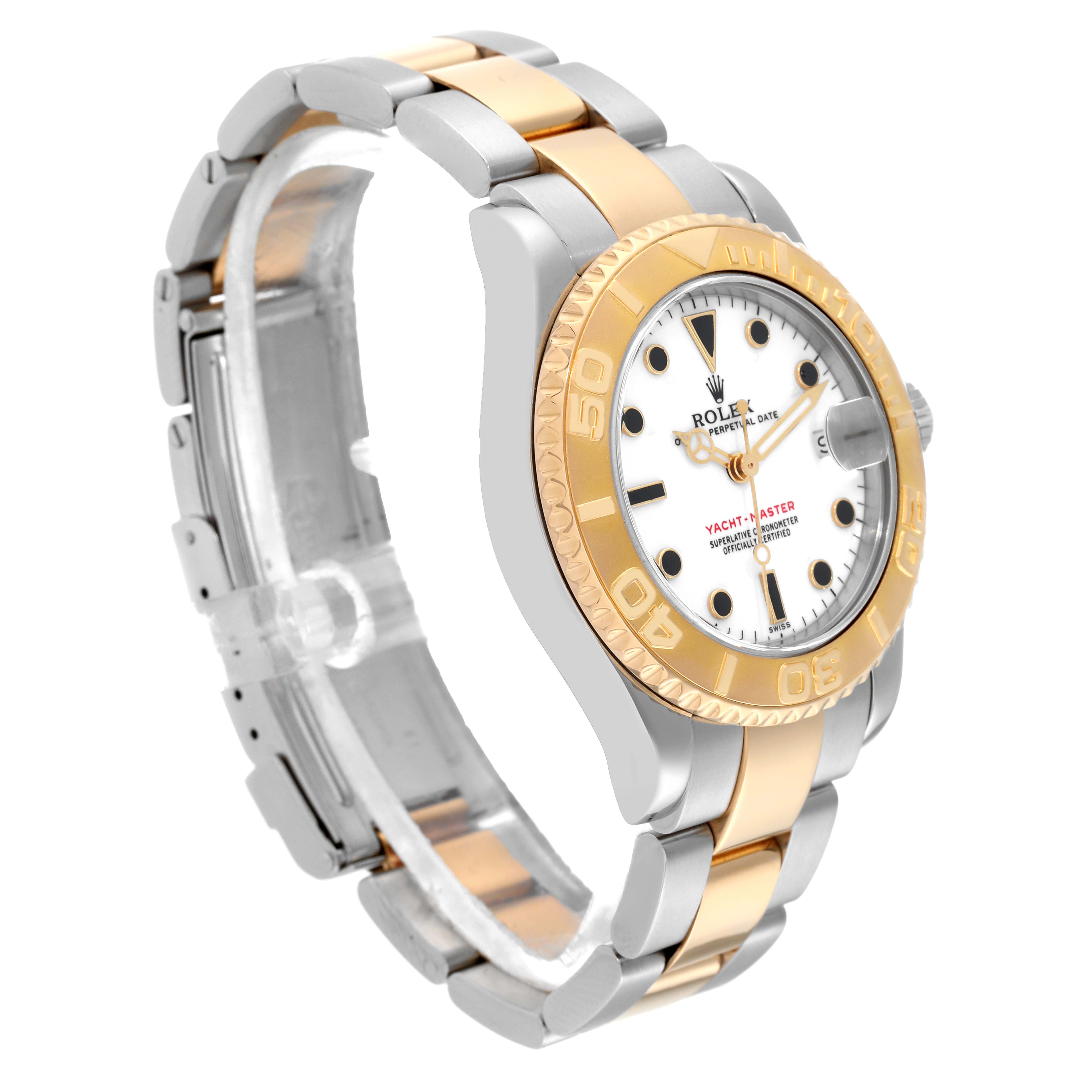 The Rolex Yacht-Master 68623 Men's Steel and Gold (two tone) White Dial 68623 Men's Steel and Gold (two tone) White Dial watch is shown at an angled view, highlighting the two-tone bracelet, bezel, and dial.