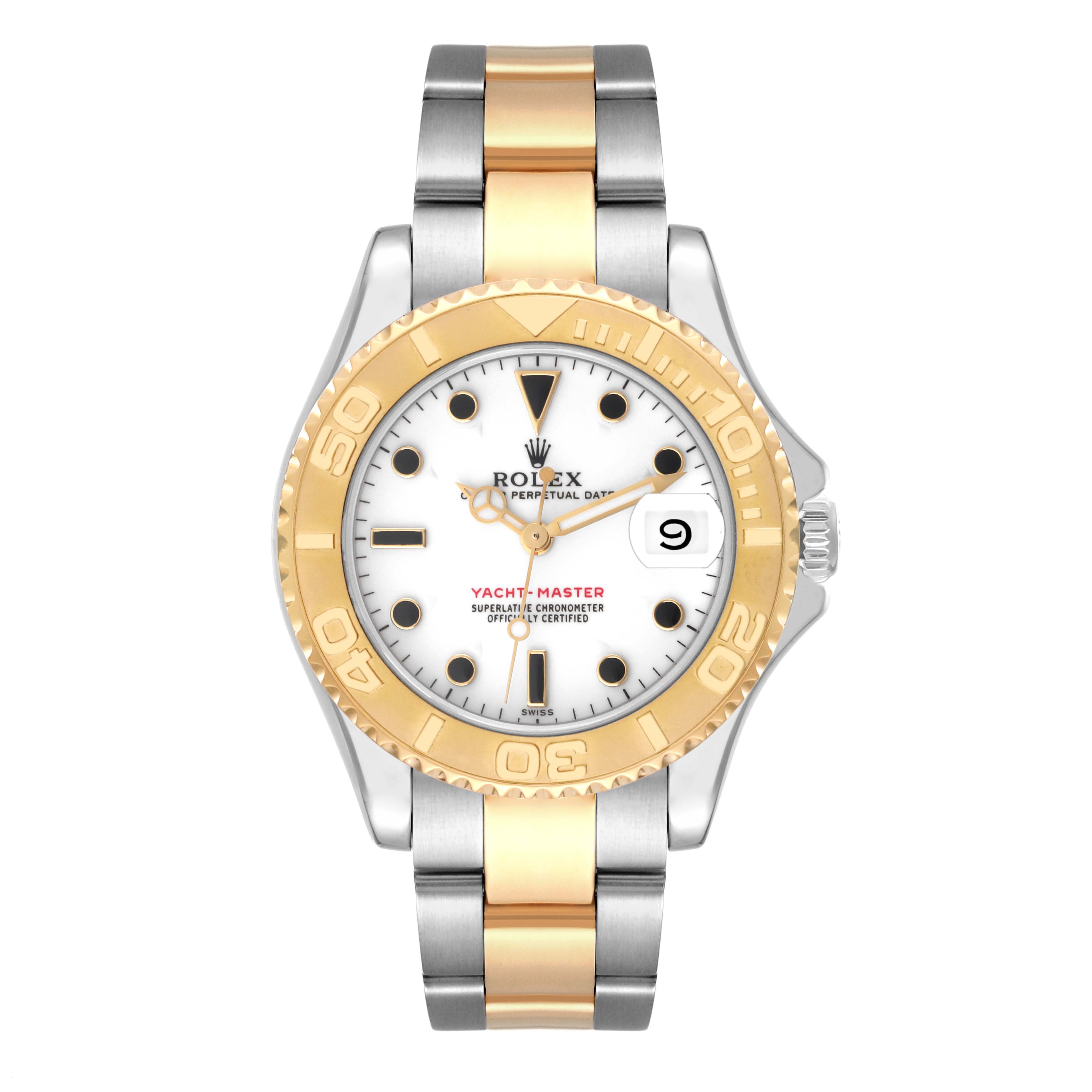 The image shows a front view of a Rolex Yacht-Master 68623 Men's Steel and Gold (two tone) White Dial 68623 Men's Steel and Gold (two tone) White Dial watch, highlighting its dial, bezel, and two-tone bracelet.