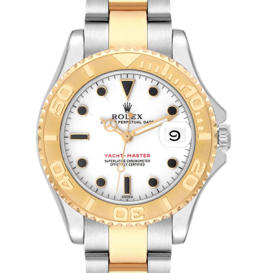 The image shows a front view of a Rolex Yacht-Master watch, highlighting its dial, bezel, bracelet, and crown.