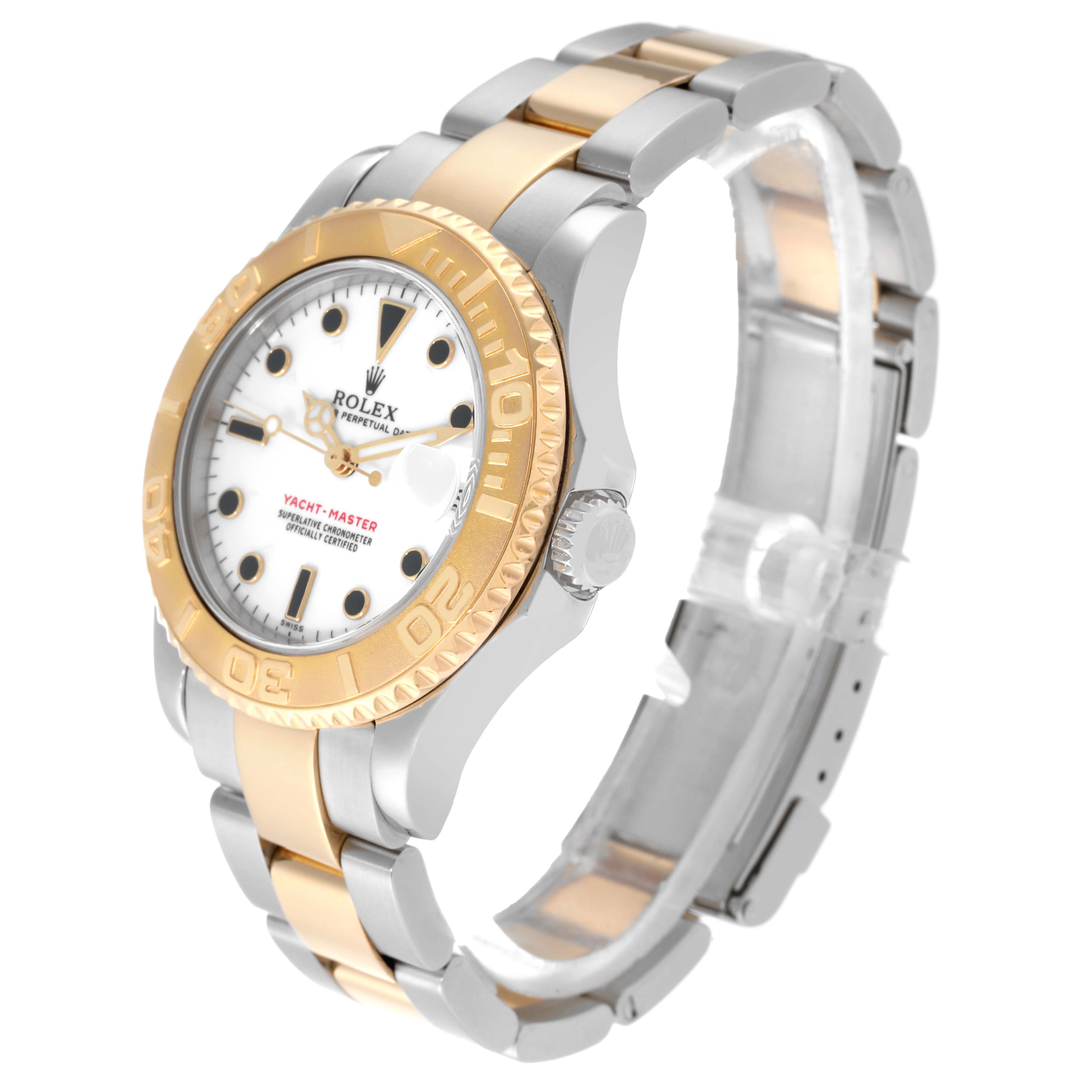 The image shows a Rolex Yacht-Master 68623 Men's Steel and Gold (two tone) White Dial 68623 Men's Steel and Gold (two tone) White Dial watch at a slight angle, highlighting its face, bezel, and two-tone bracelet.