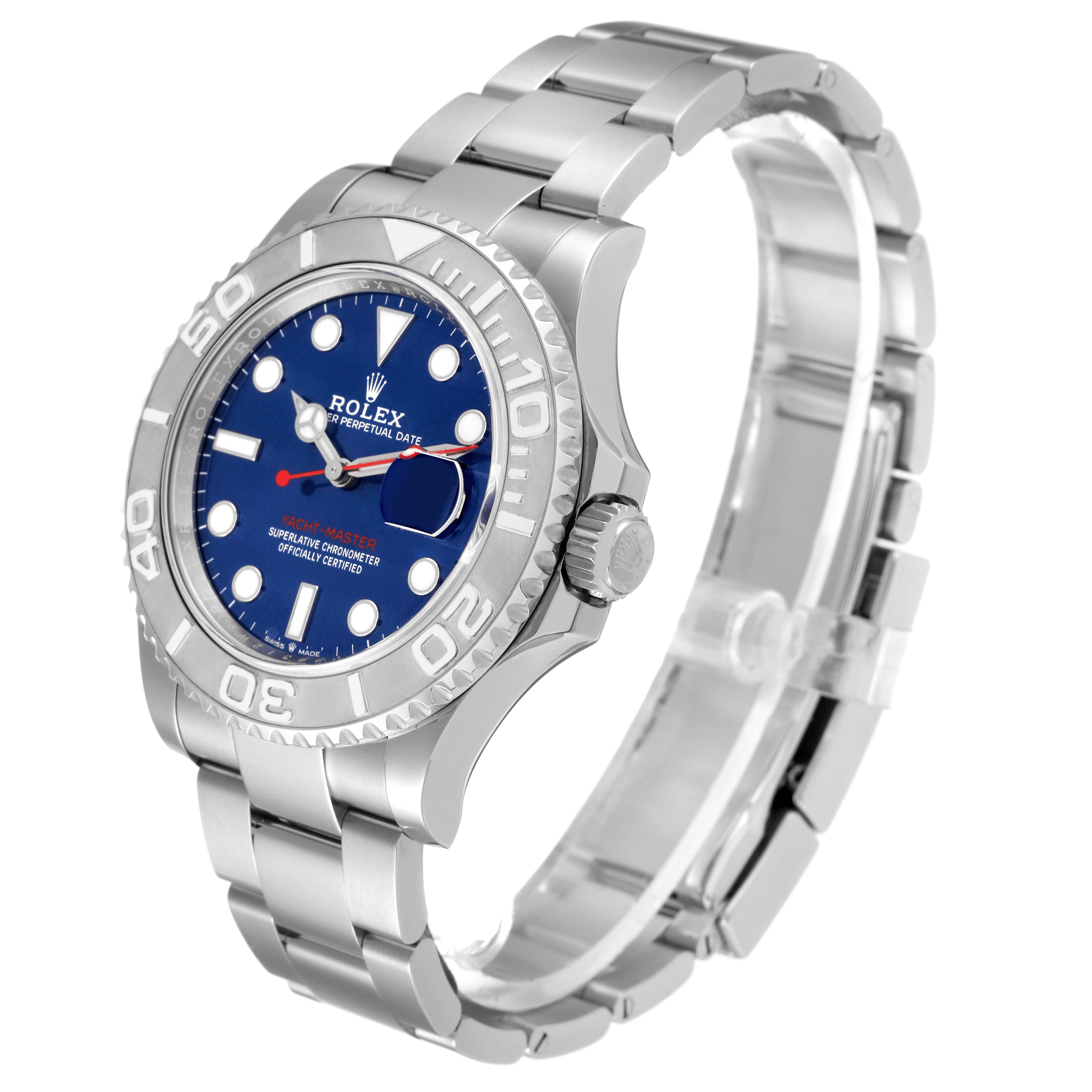 The Rolex Yacht-Master 126622 Men's Stainless Steel Blue Dial 126622 Men's Stainless Steel Blue Dial watch is shown at a slight angle, displaying the face, bezel, strap, and crown.