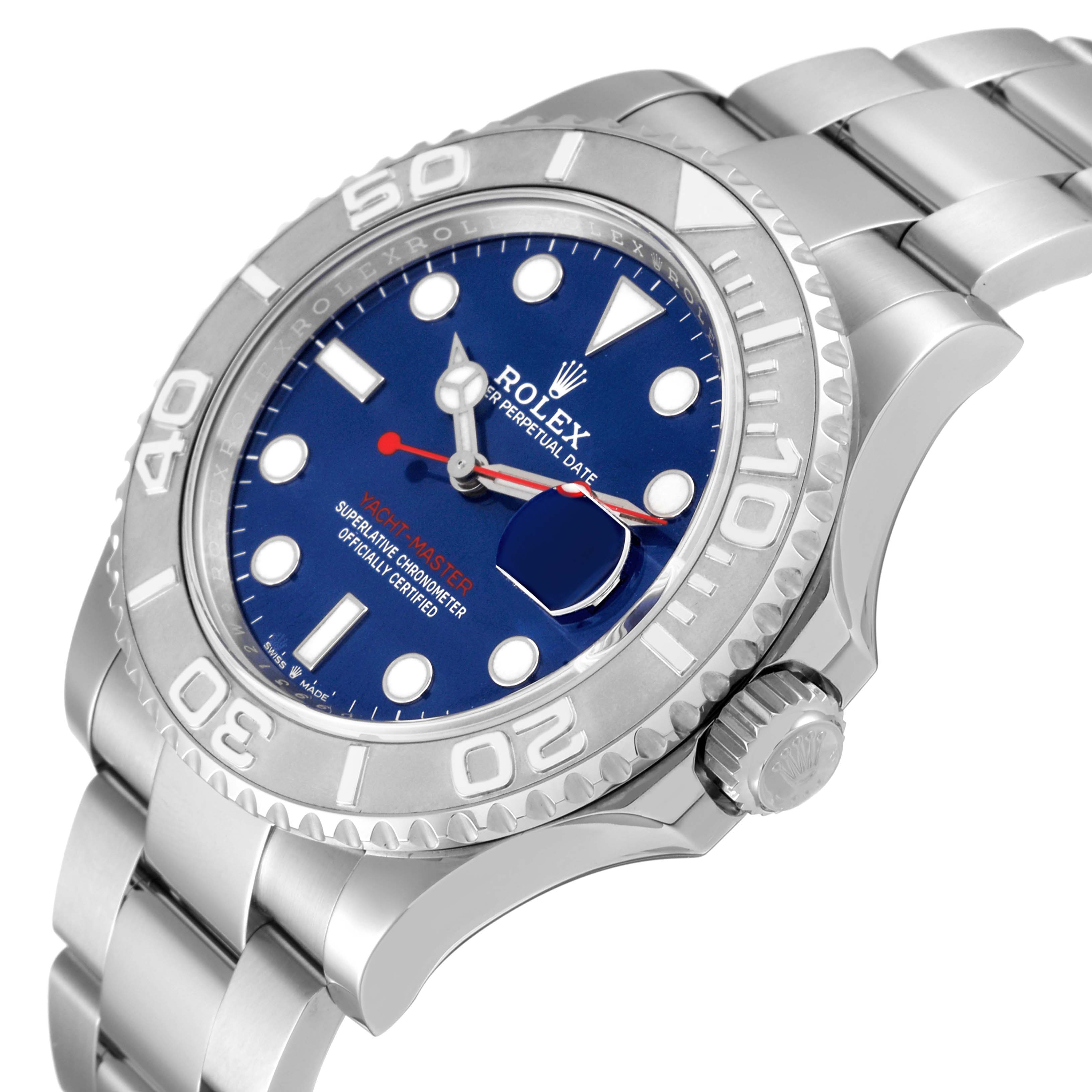 The Rolex Yacht-Master 126622 Men's Stainless Steel Blue Dial 126622 Men's Stainless Steel Blue Dial watch is shown at an angled view, highlighting its dial, bezel, crown, and bracelet.