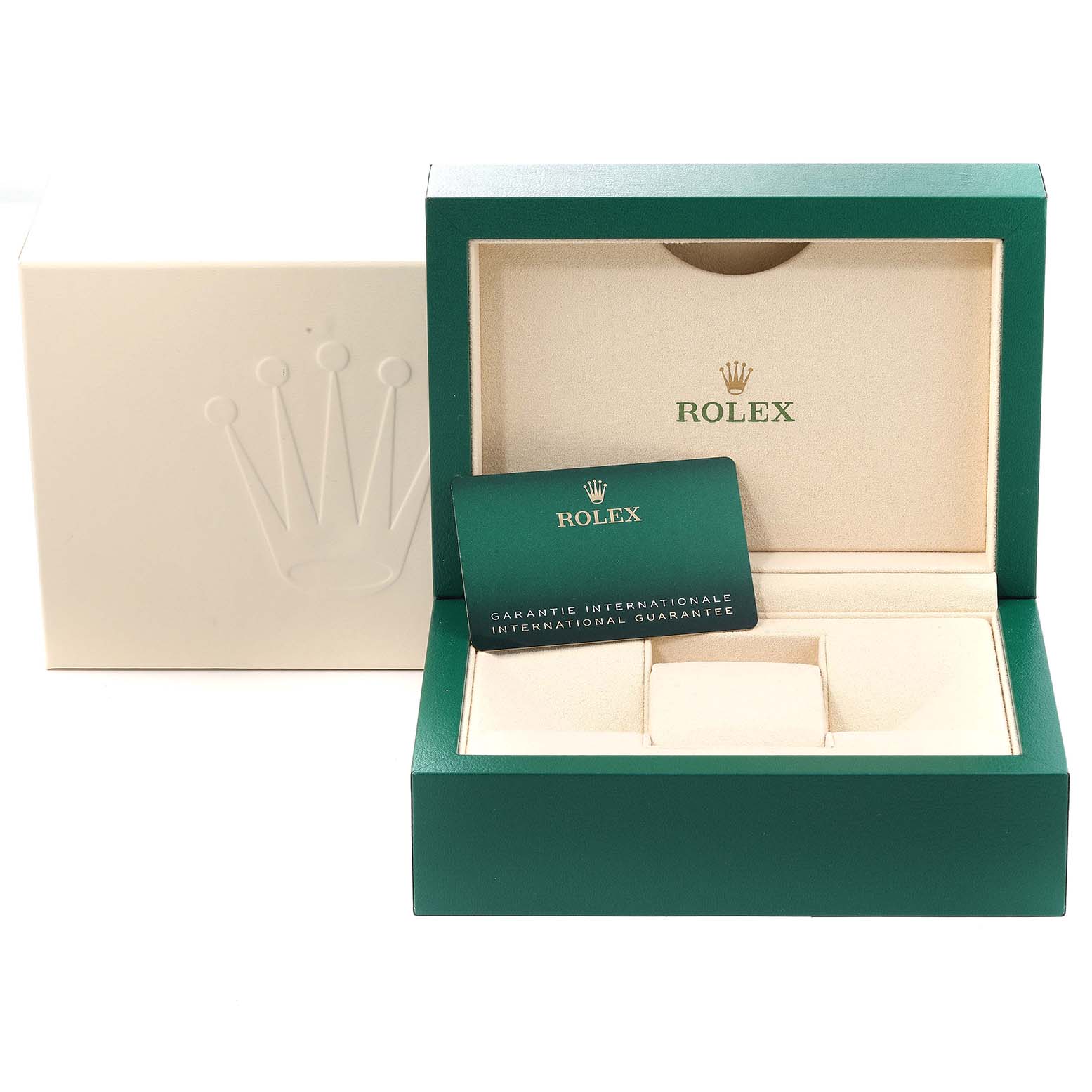 This image shows a Rolex Yacht-Master 126622 Men's Stainless Steel Blue Dial 126622 Men's Stainless Steel Blue Dial watch box, with the open inner box and warranty card visible.