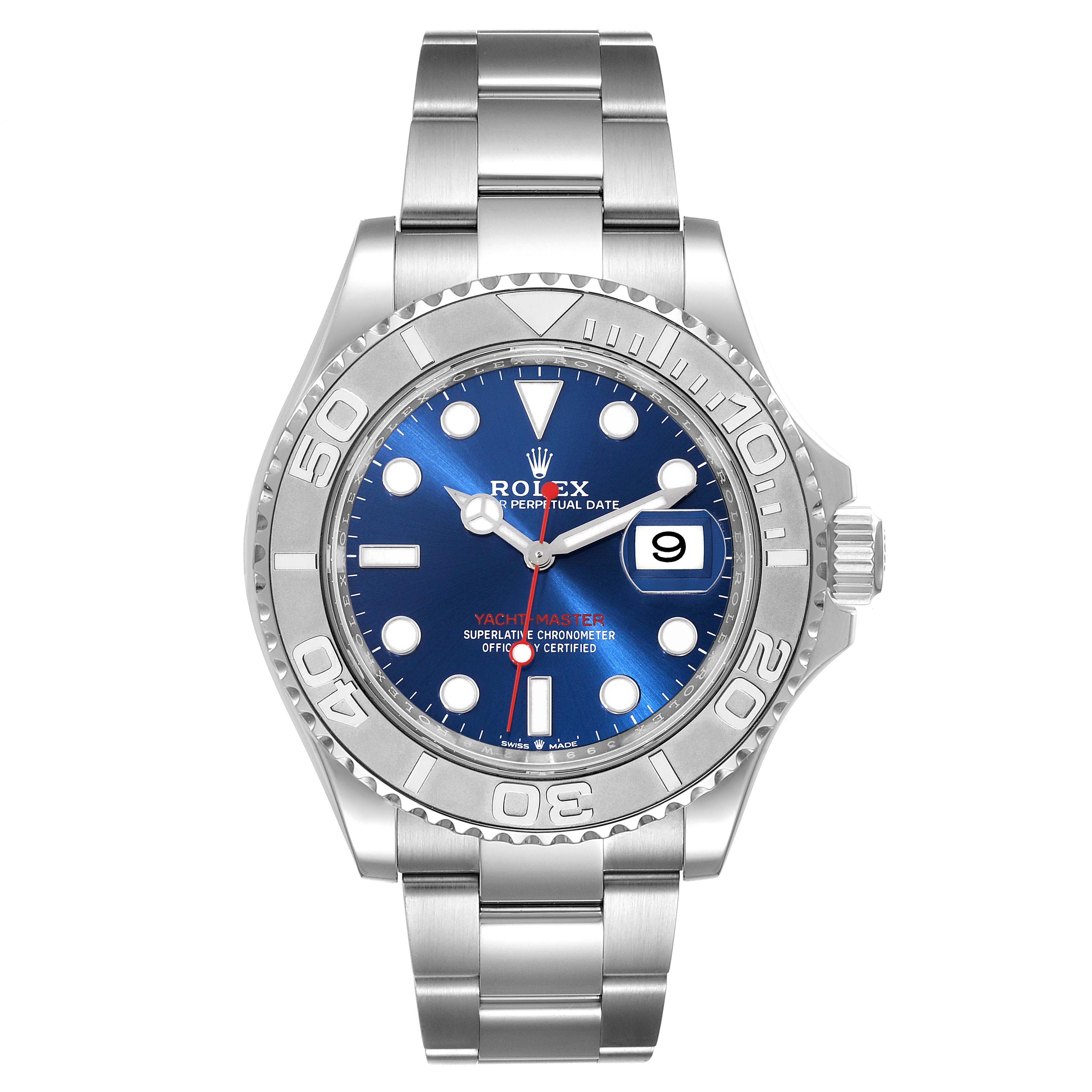 The Yacht-Master by Rolex is shown from a front angle, displaying its bezel, bracelet, dial, and date window.