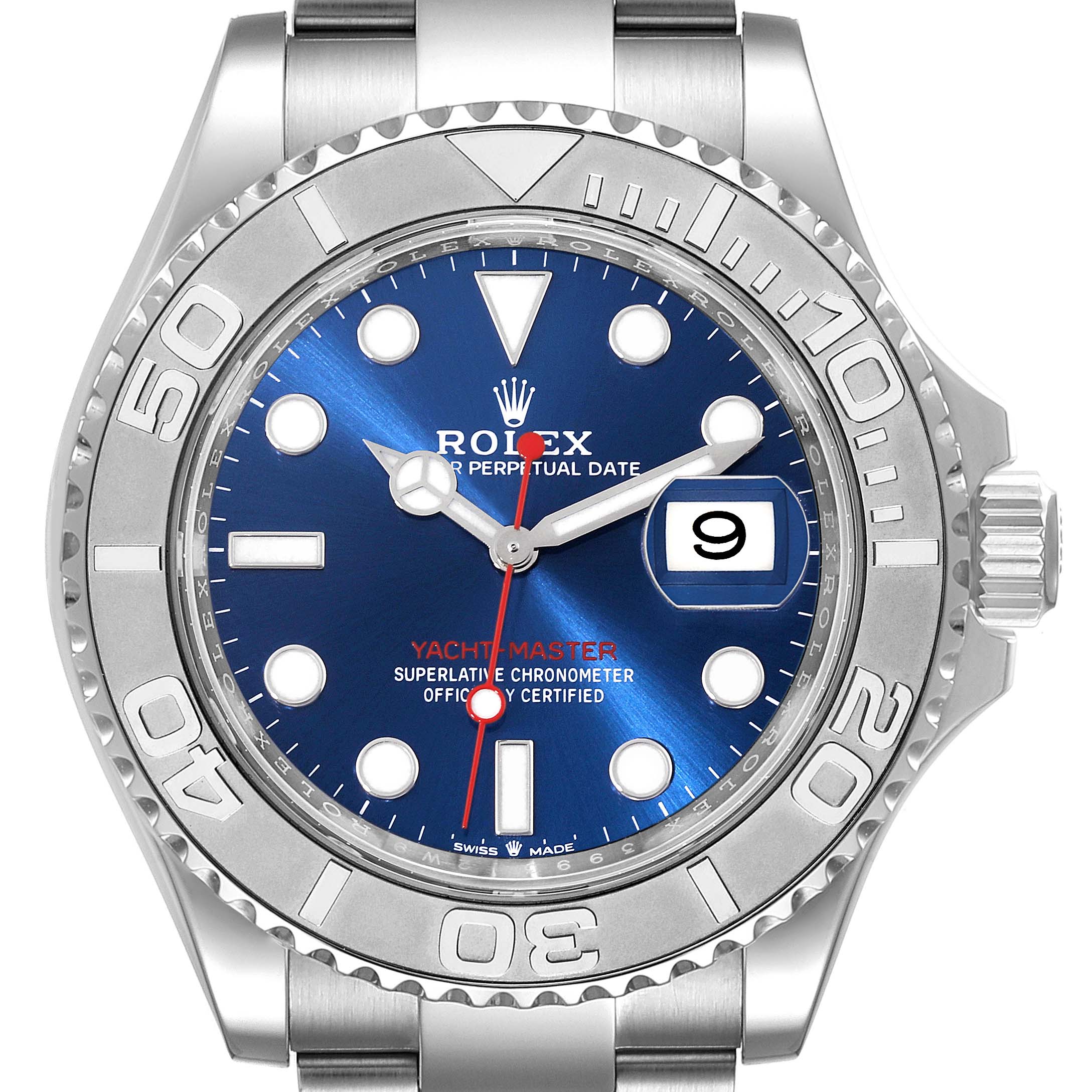 This image shows a front view of the Rolex Yacht-Master 126622 Men's Stainless Steel Blue Dial 126622 Men's Stainless Steel Blue Dial watch, displaying the face, bezel, and part of the bracelet.