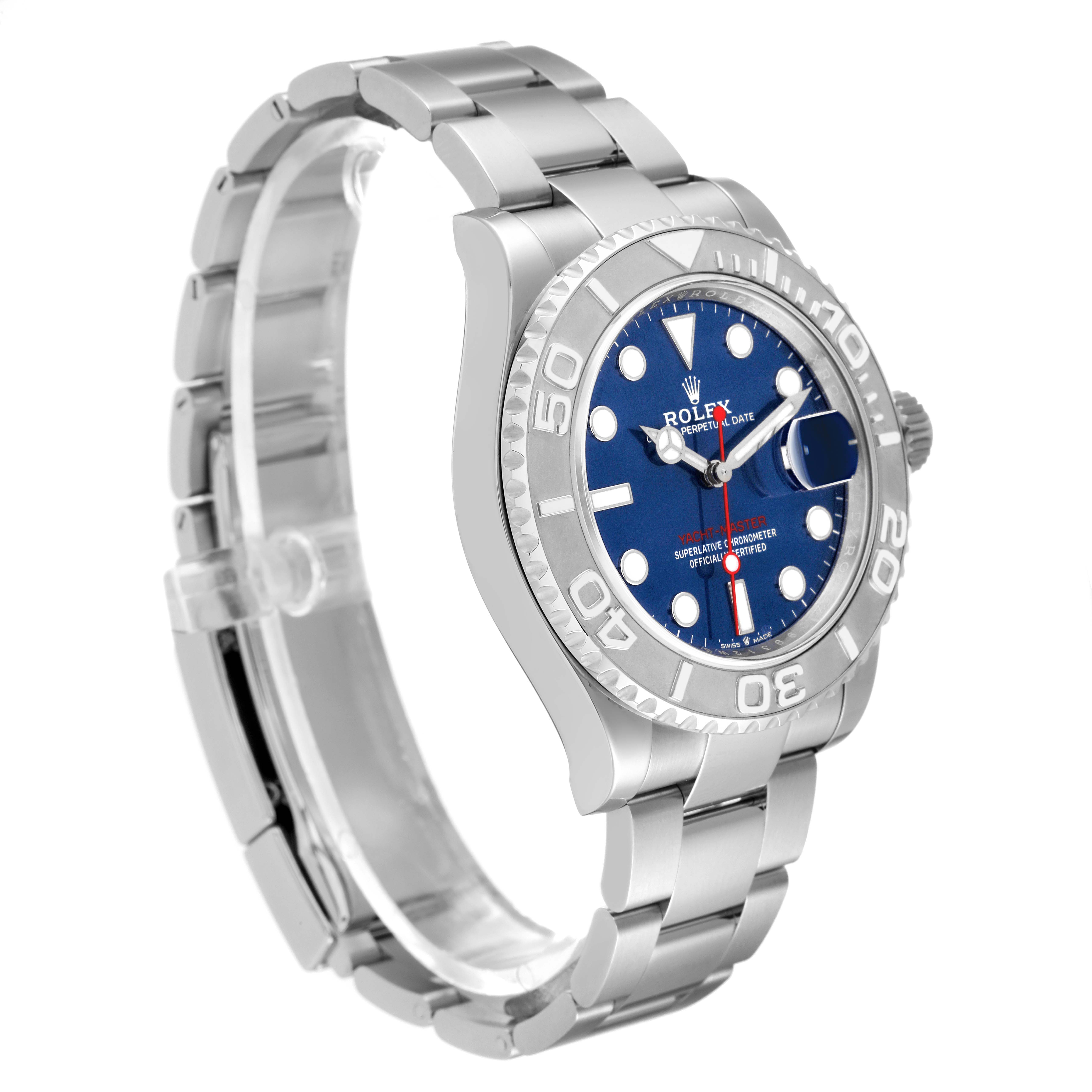The image shows a side angle of a Rolex Yacht-Master 126622 Men's Stainless Steel Blue Dial 126622 Men's Stainless Steel Blue Dial watch featuring its dial, bezel, and bracelet.