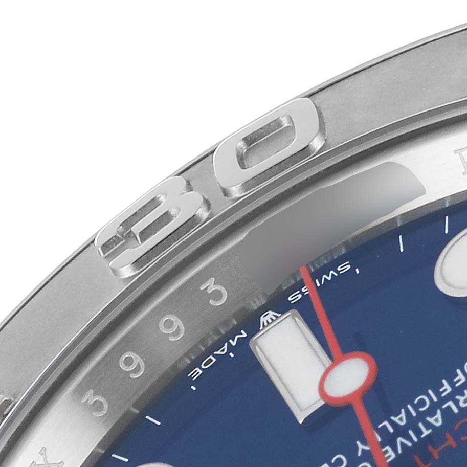 This close-up image of the Rolex Yacht-Master 126622 Men's Stainless Steel Blue Dial 126622 Men's Stainless Steel Blue Dial watch highlights part of the bezel, dial, and hour markers.