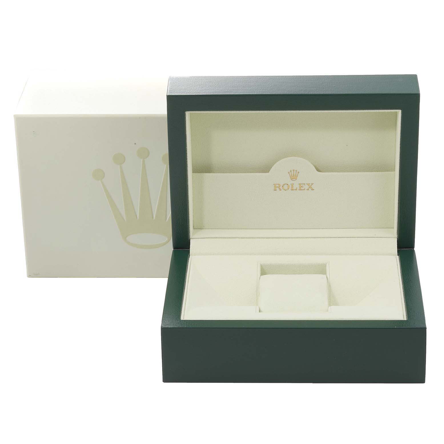 This image shows an open Rolex Yacht-Master 16623 Men's Steel and Gold (two tone) White Dial 16623 Men's Steel and Gold (two tone) White Dial watch box and its outer packaging at a straight-on angle.