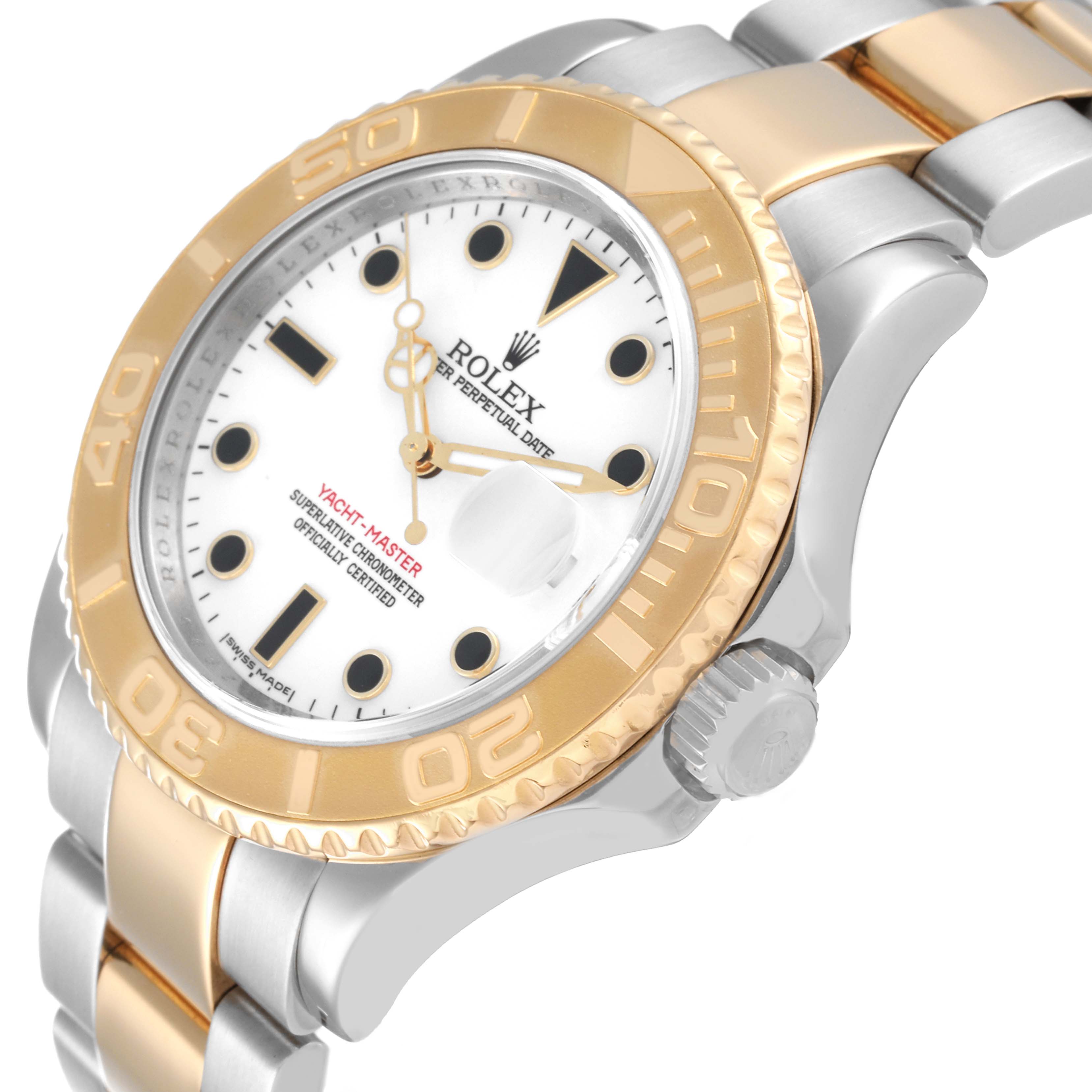 This image shows a Rolex Yacht-Master 16623 Men's Steel and Gold (two tone) White Dial 16623 Men's Steel and Gold (two tone) White Dial watch from a 3/4 angle, highlighting its face, bezel, crown, and bracelet.