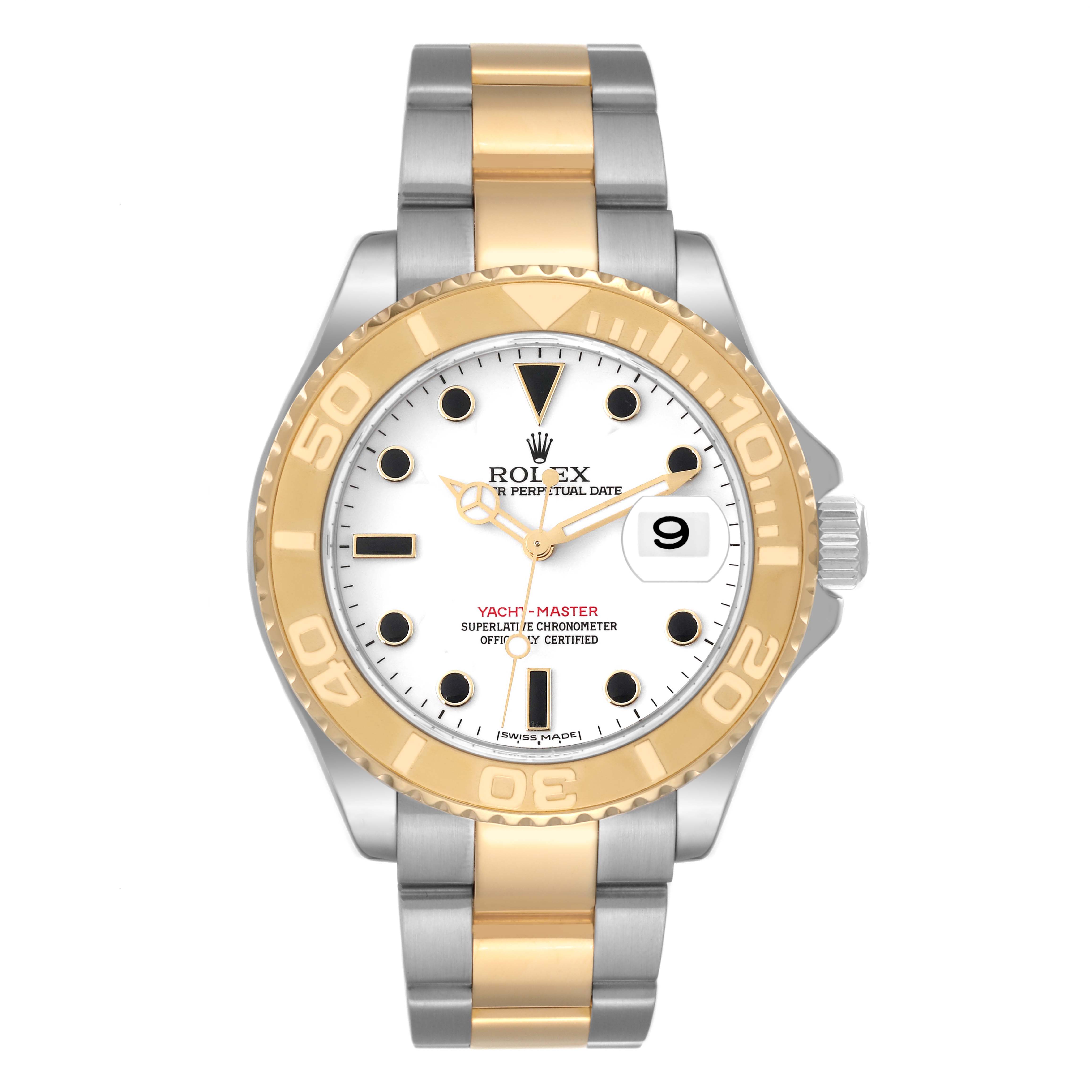 The image shows a frontal view of a Rolex Yacht-Master 16623 Men's Steel and Gold (two tone) White Dial 16623 Men's Steel and Gold (two tone) White Dial watch featuring a two-tone metal strap, white dial, and gold bezel.