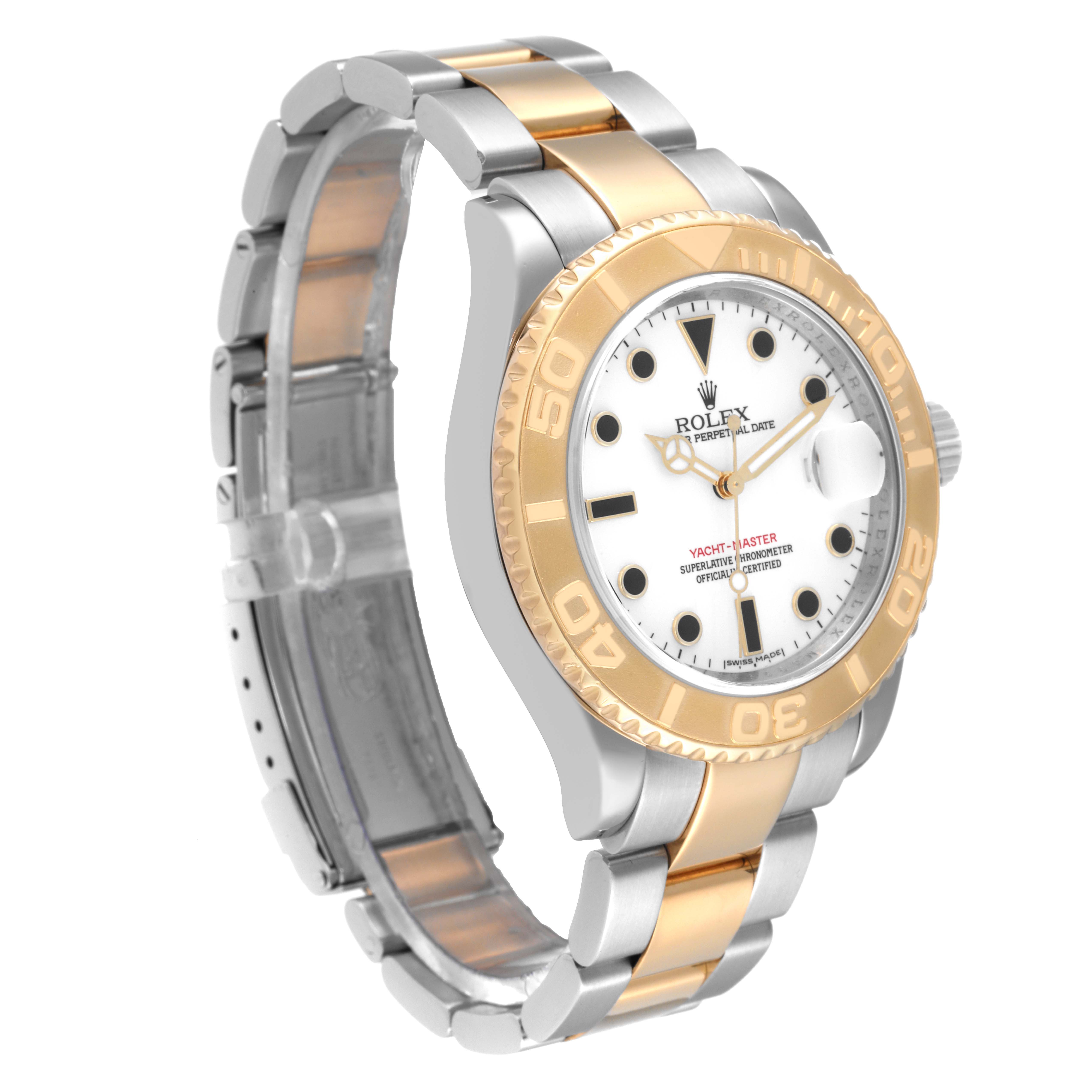 This image shows a side-angle view of the Rolex Yacht-Master 16623 Men's Steel and Gold (two tone) White Dial 16623 Men's Steel and Gold (two tone) White Dial watch, highlighting the bezel, dial, and two-tone bracelet.