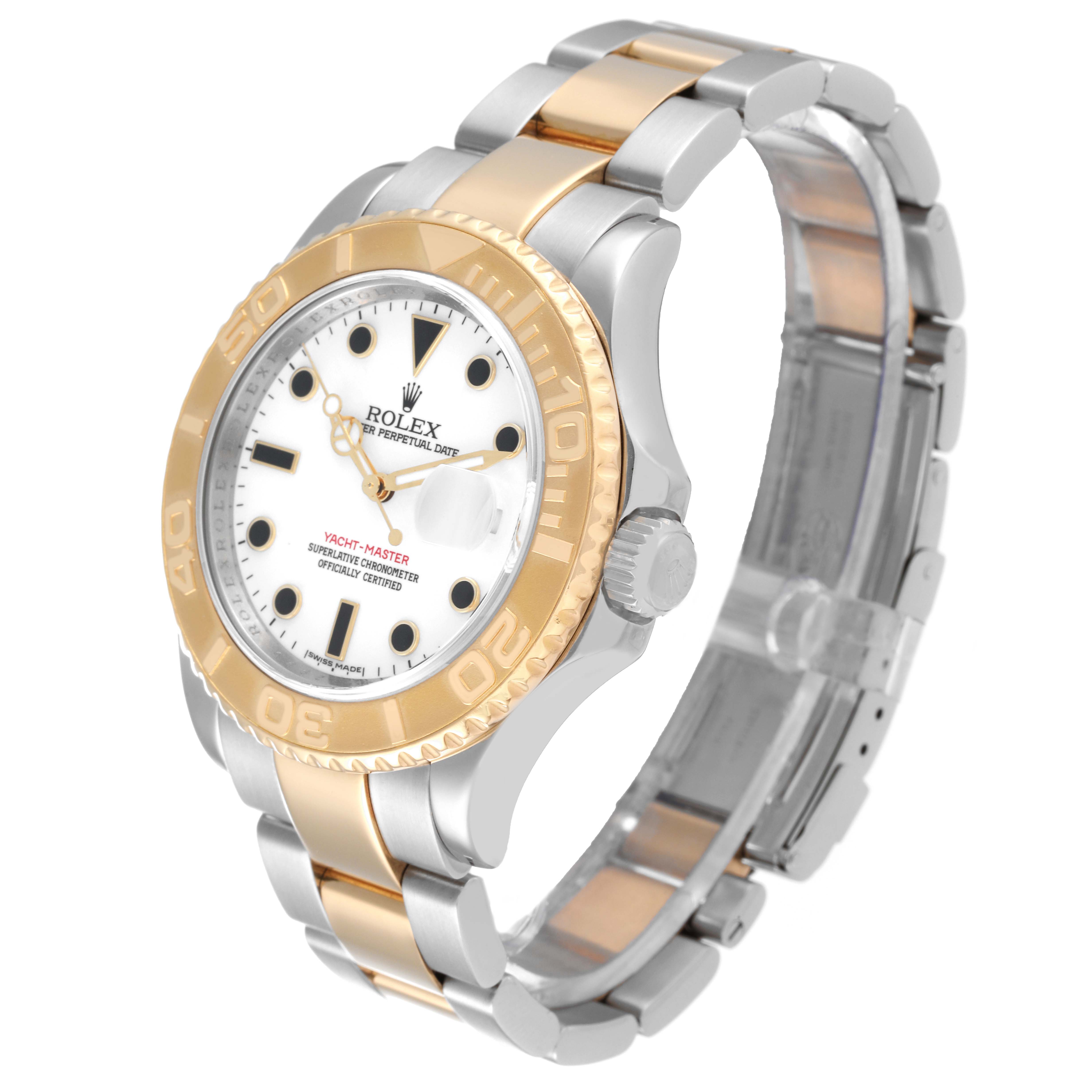 The Rolex Yacht-Master 16623 Men's Steel and Gold (two tone) White Dial 16623 Men's Steel and Gold (two tone) White Dial watch is shown at a three-quarter angle, displaying the face, bezel, crown, and bracelet.