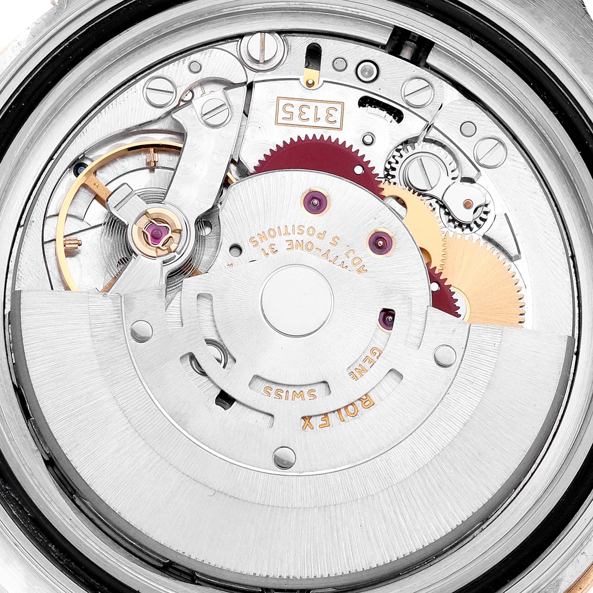 This image shows the intricate internal mechanism of a Rolex Yacht-Master 16623 Men's Steel and Gold (two tone) White Dial 16623 Men's Steel and Gold (two tone) White Dial watch from a top-down angle.