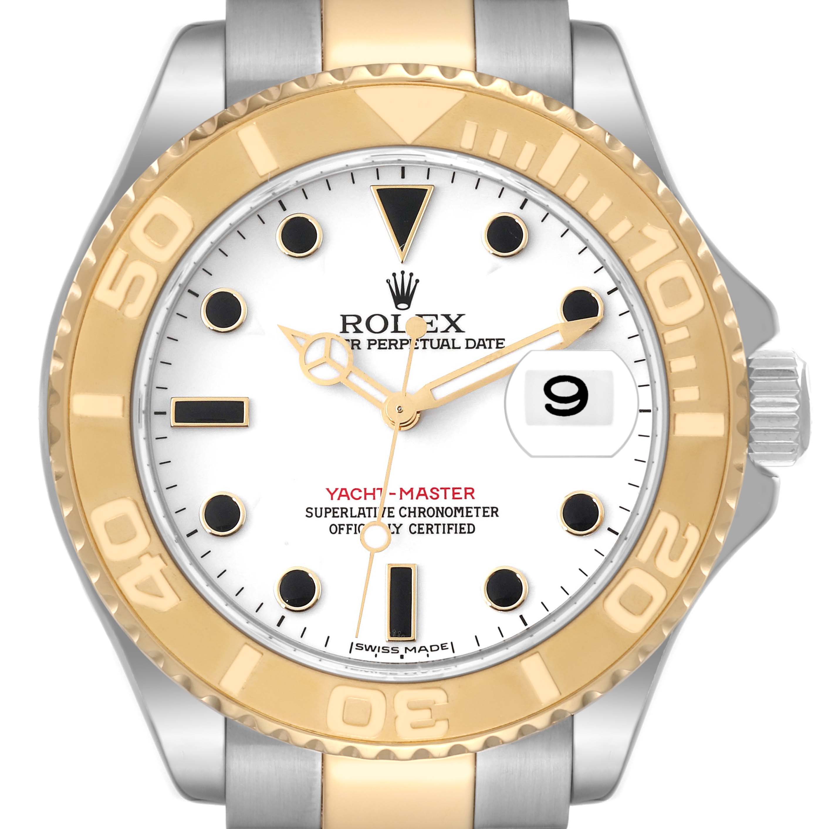 The image shows the front face of the Rolex Yacht-Master 16623 Men's Steel and Gold (two tone) White Dial 16623 Men's Steel and Gold (two tone) White Dial watch, highlighting the dial, bezel, and date window.