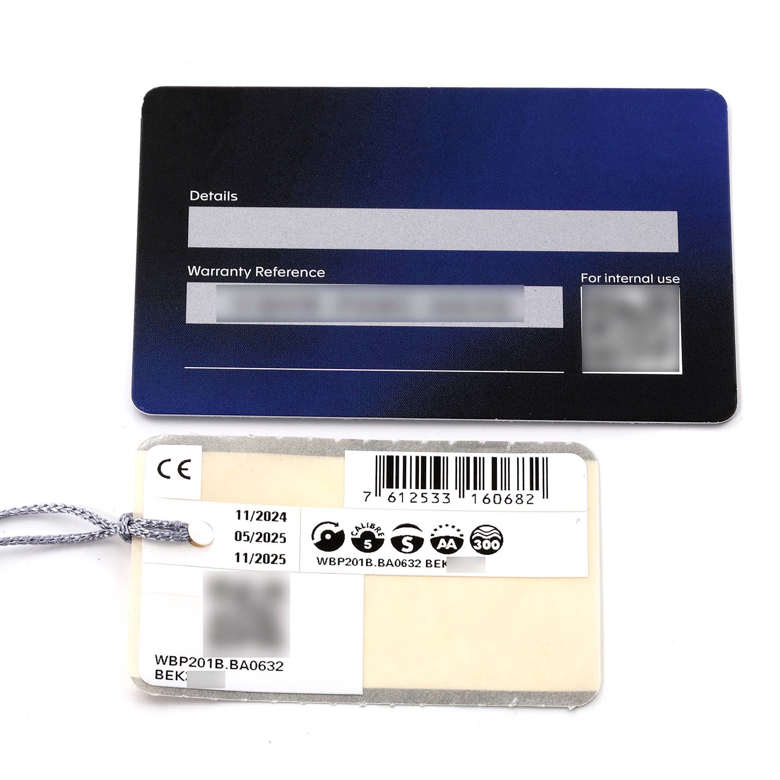 The image shows the warranty card and tag for the Tag Heuer Aquaracer WBP201B.BA0632 Men's Stainless Steel Blue Dial WBP201B.BA0632 Men's Stainless Steel Blue Dial watch model.