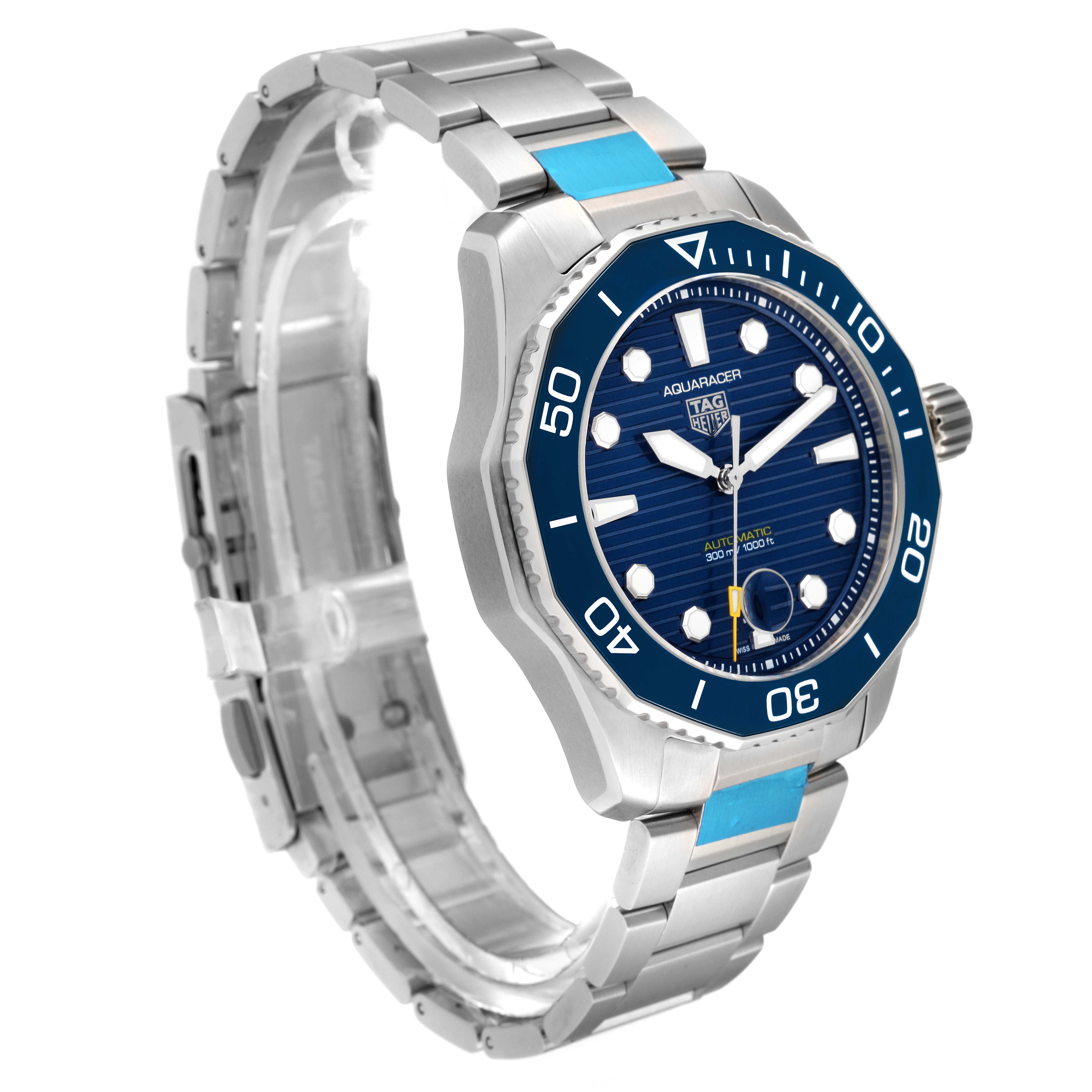 The image shows a Tag Heuer Aquaracer WBP201B.BA0632 Men's Stainless Steel Blue Dial WBP201B.BA0632 Men's Stainless Steel Blue Dial watch at a slight angle, displaying the face, bezel, crown, and part of the metal bracelet.
