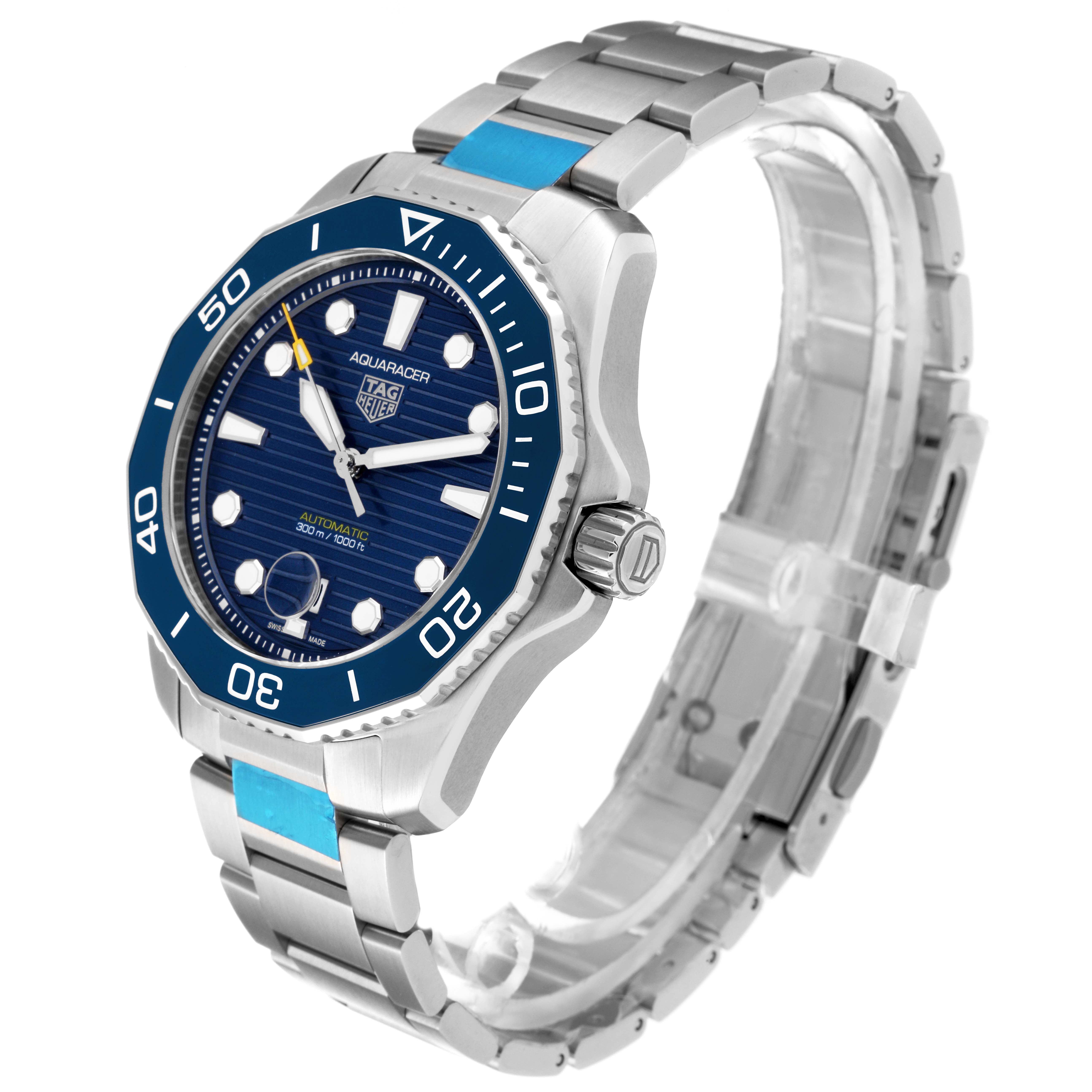 The image shows a side view of the Tag Heuer Aquaracer WBP201B.BA0632 Men's Stainless Steel Blue Dial WBP201B.BA0632 Men's Stainless Steel Blue Dial watch, highlighting the bezel, dial, and part of the bracelet.