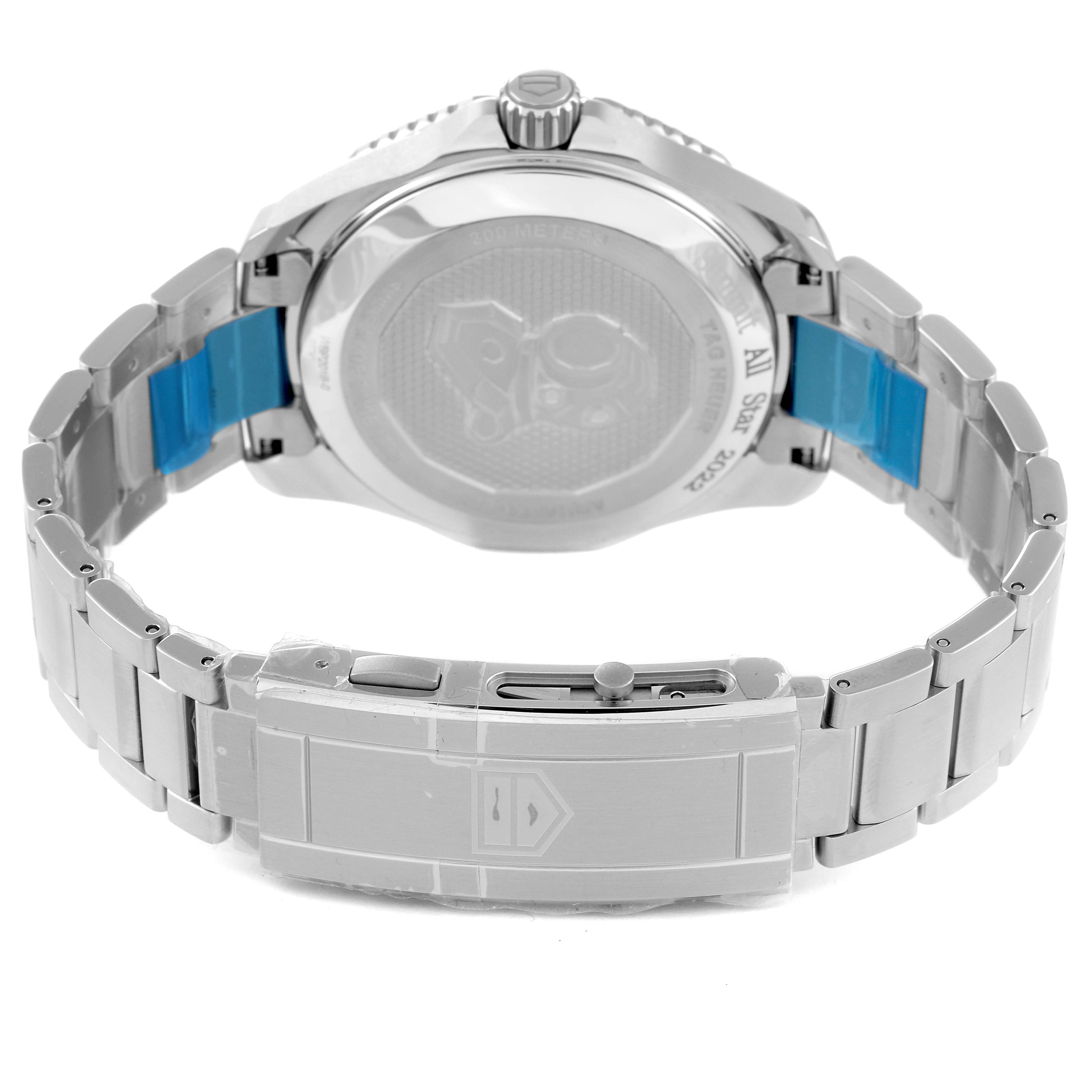The image shows the back case and bracelet of a Tag Heuer Aquaracer WBP201B.BA0632 Men's Stainless Steel Blue Dial WBP201B.BA0632 Men's Stainless Steel Blue Dial watch, viewed from the rear.