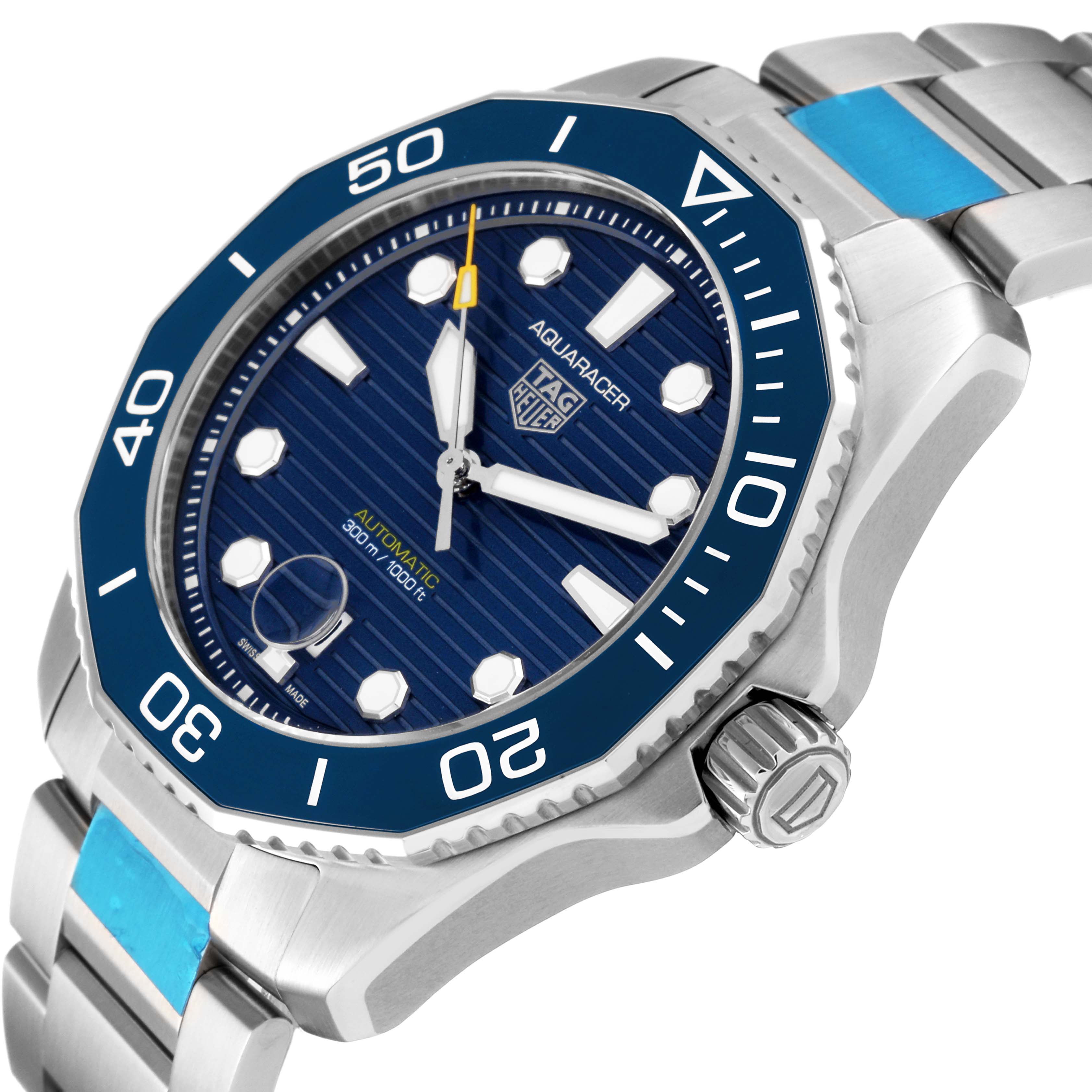 The image shows a Tag Heuer Aquaracer WBP201B.BA0632 Men's Stainless Steel Blue Dial WBP201B.BA0632 Men's Stainless Steel Blue Dial watch from an angled close-up, highlighting its bezel, dial, crown, and bracelet.