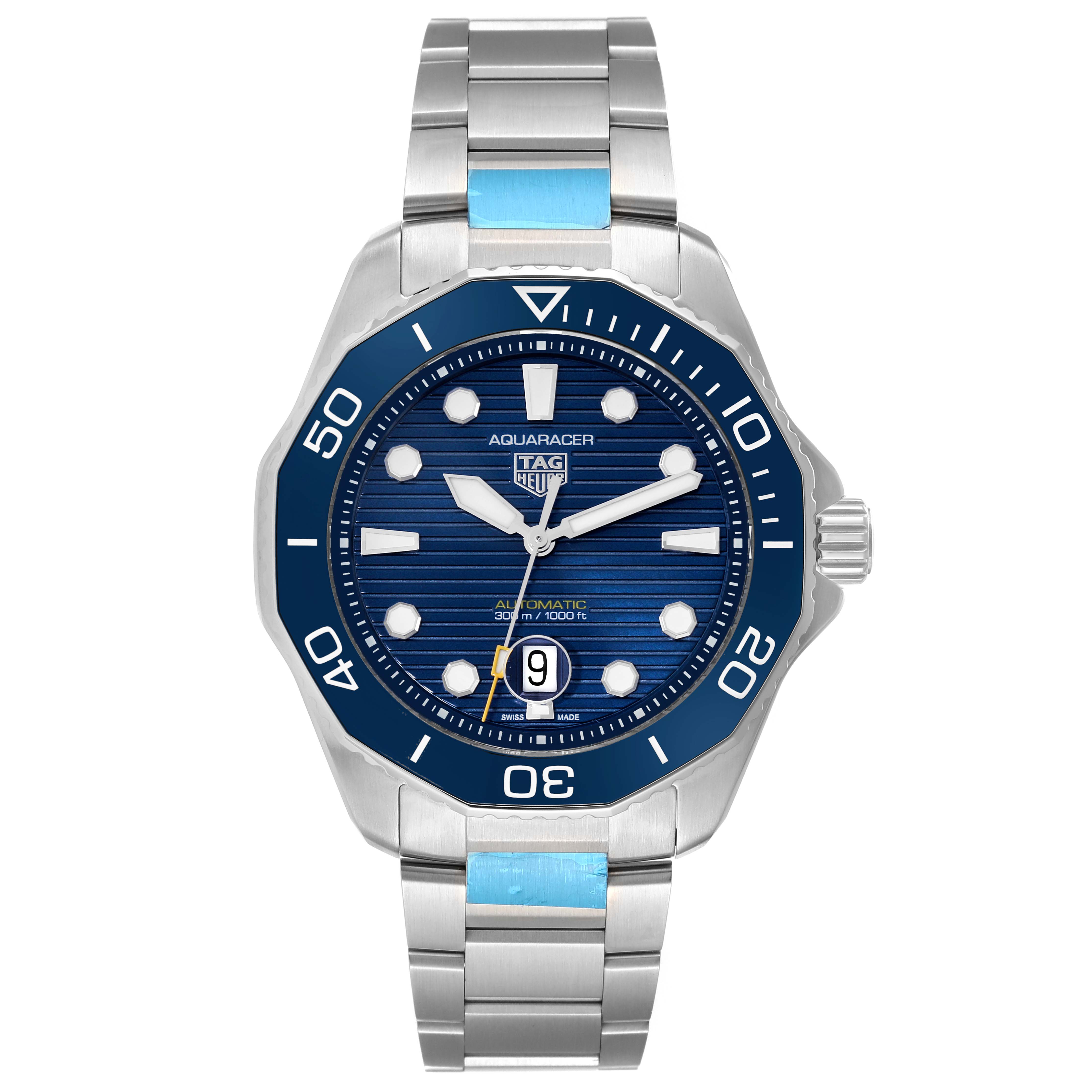 The image shows a Tag Heuer Aquaracer WBP201B.BA0632 Men's Stainless Steel Blue Dial WBP201B.BA0632 Men's Stainless Steel Blue Dial watch from a front angle, highlighting its blue dial, bezel, and silver bracelet.