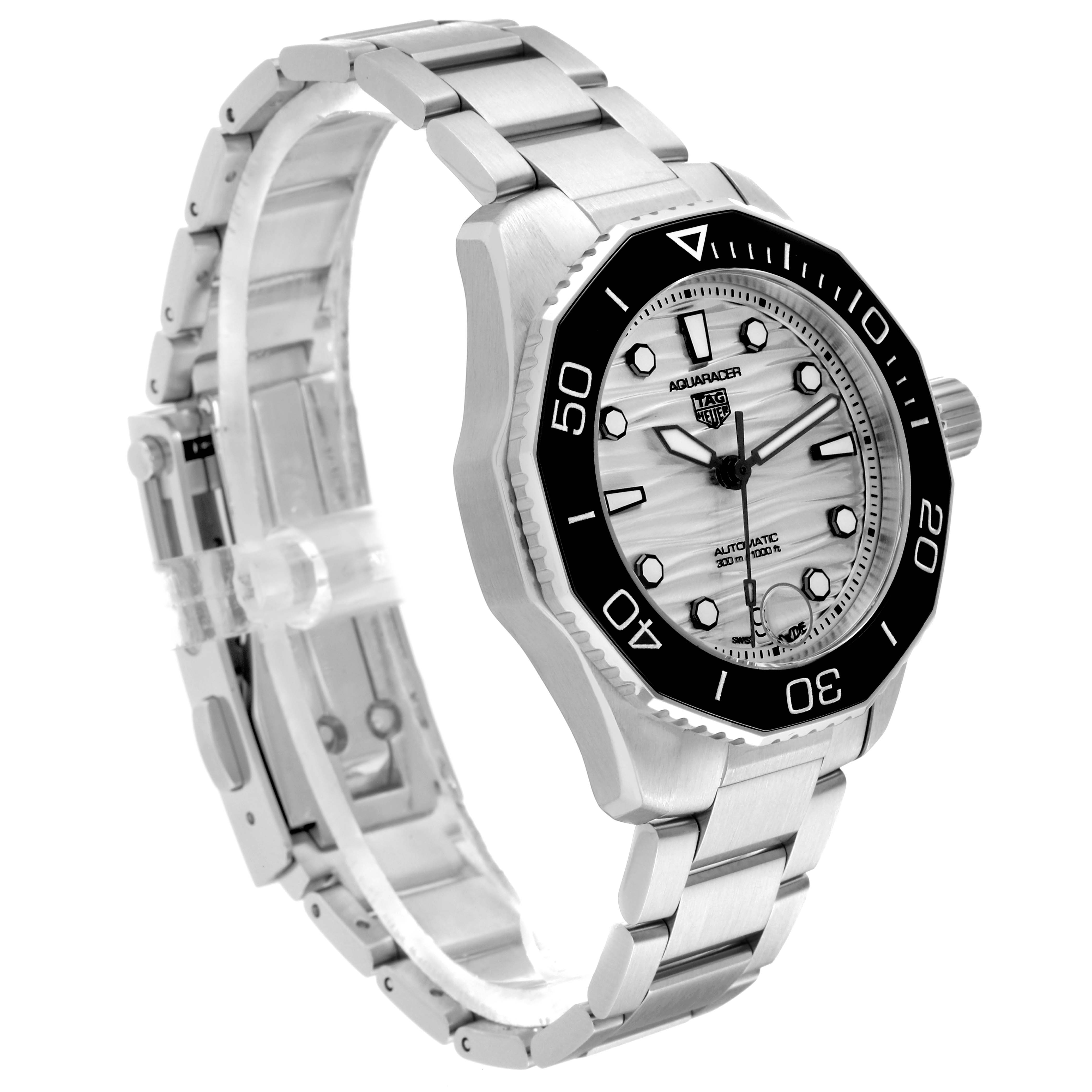 The image shows a side-angle view of the Tag Heuer Aquaracer WBP231C.BA0626 Women's Stainless Steel Silver Dial WBP231C.BA0626 Women's Stainless Steel Silver Dial watch, highlighting its bracelet, bezel, and dial.