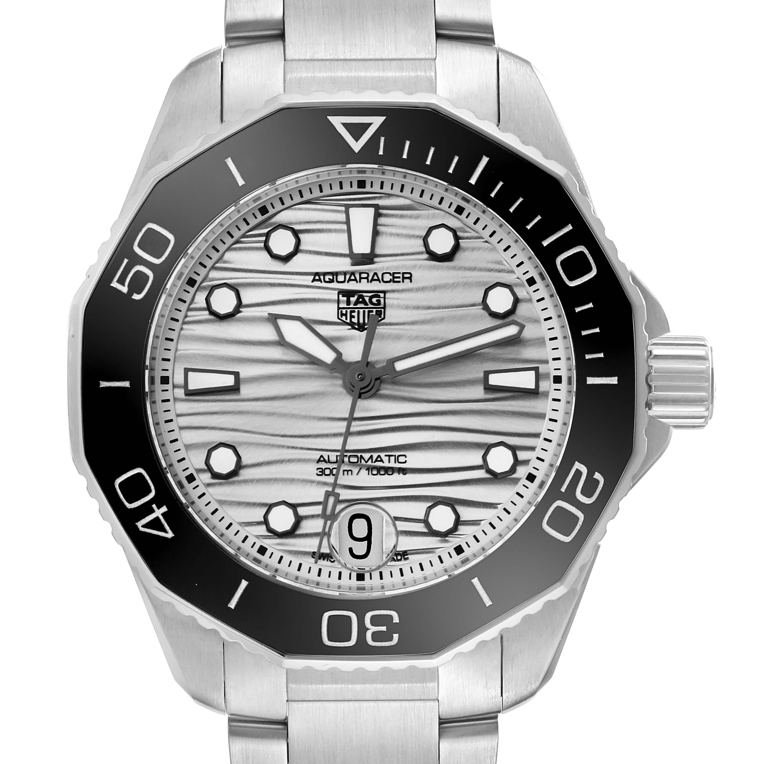 The image shows a front view of the Tag Heuer Aquaracer WBP231C.BA0626 Women's Stainless Steel Silver Dial WBP231C.BA0626 Women's Stainless Steel Silver Dial watch, displaying its dial, bezel, and part of the bracelet.