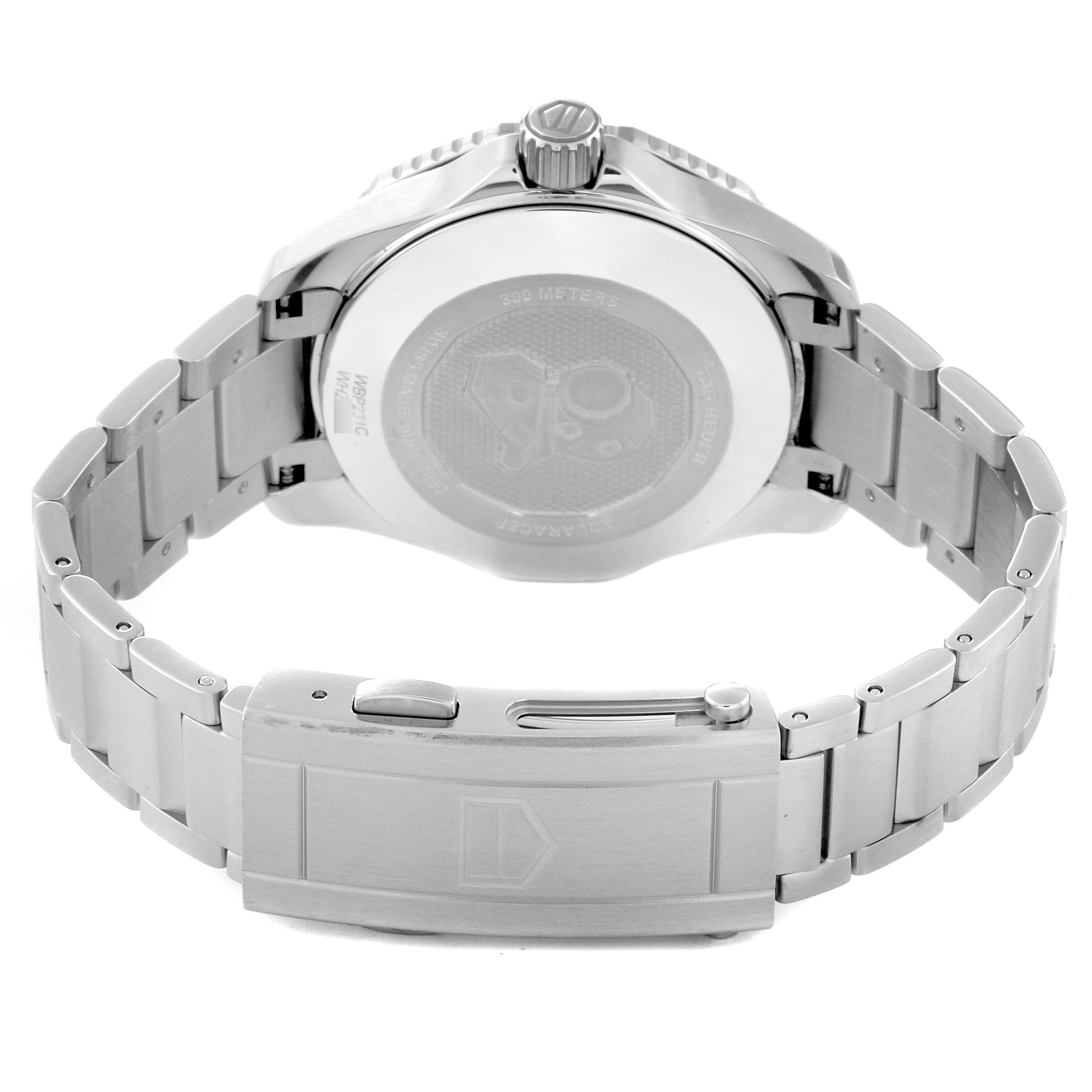 This image shows the back case and bracelet clasp of the Tag Heuer Aquaracer WBP231C.BA0626 Women's Stainless Steel Silver Dial WBP231C.BA0626 Women's Stainless Steel Silver Dial watch at an angle.