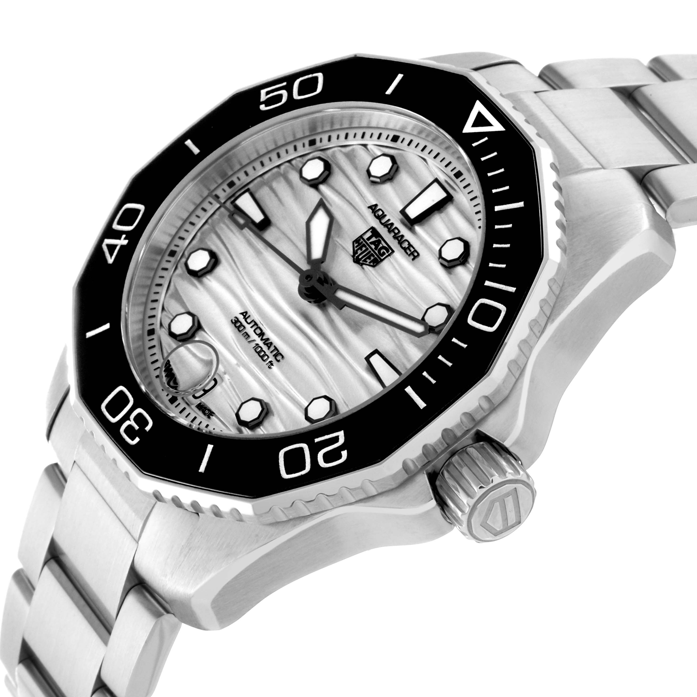 The image shows a close-up angle of a Tag Heuer Aquaracer WBP231C.BA0626 Women's Stainless Steel Silver Dial WBP231C.BA0626 Women's Stainless Steel Silver Dial watch, focusing on its dial, bezel, and part of the bracelet.