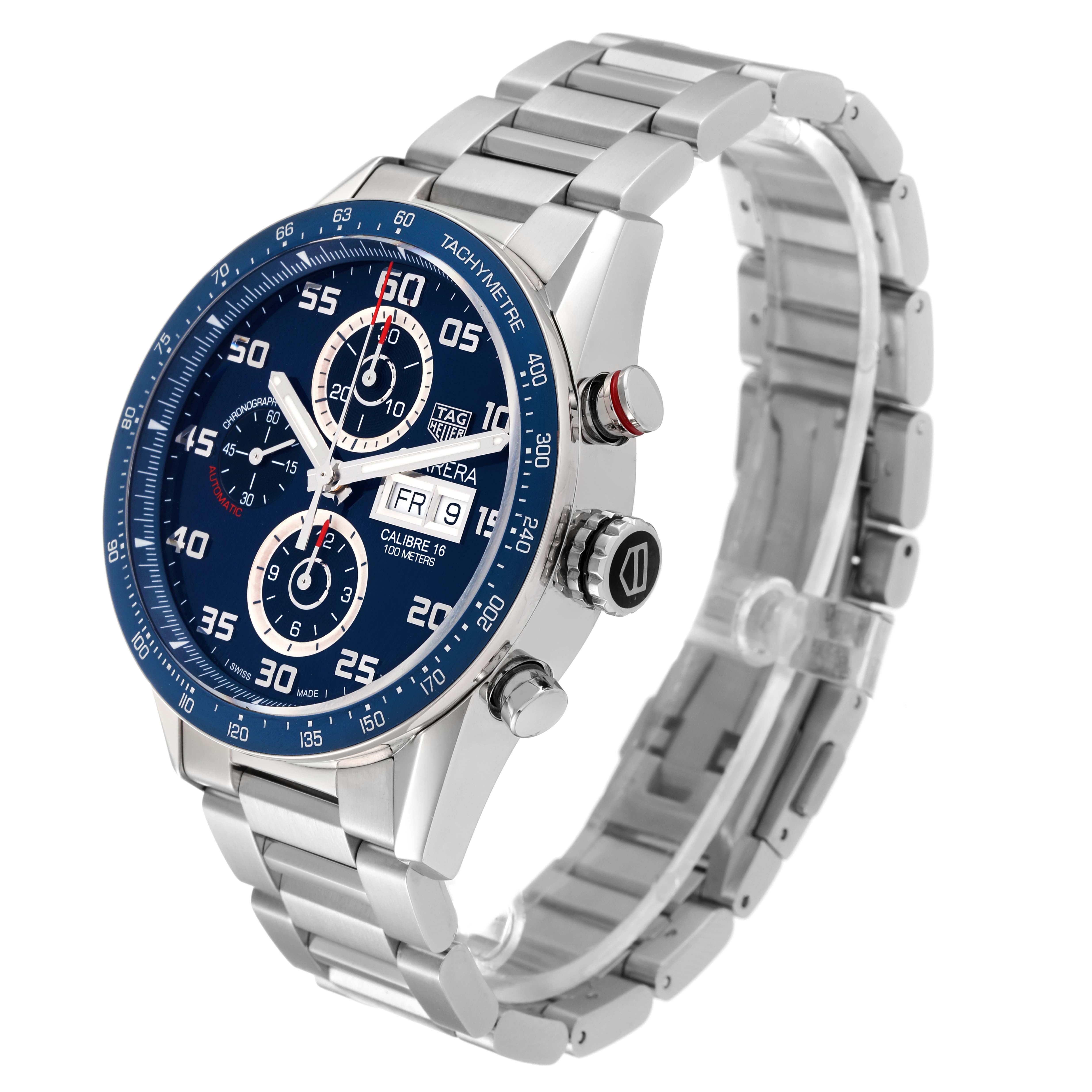 The image shows a Tag Heuer Carrera CV2A1V.BA0738 Men's Stainless Steel Blue Dial CV2A1V.BA0738 Men's Stainless Steel Blue Dial watch at a three-quarter angle, highlighting the face, bezel, and bracelet.