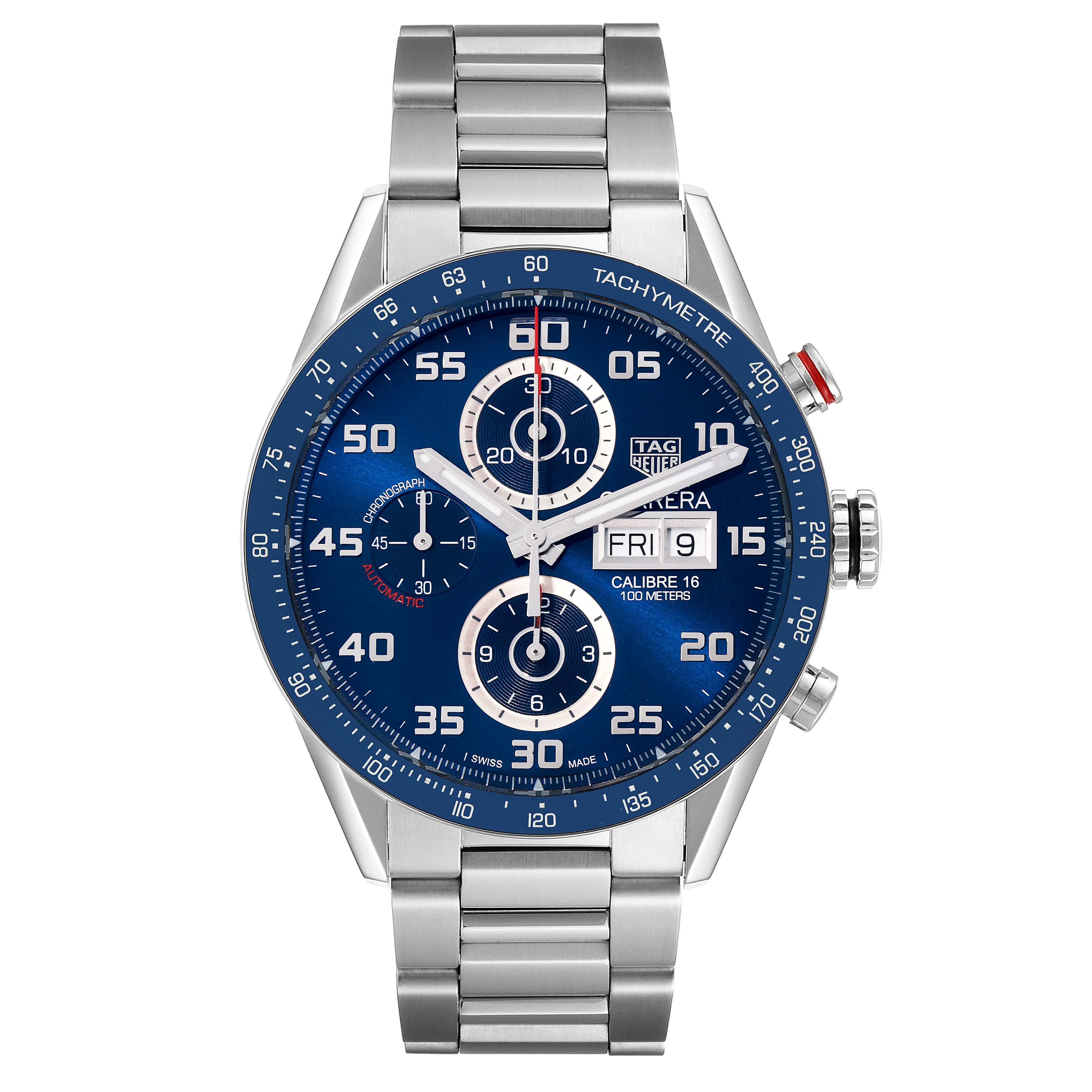 The image shows a front view of the Tag Heuer Carrera CV2A1V.BA0738 Men's Stainless Steel Blue Dial CV2A1V.BA0738 Men's Stainless Steel Blue Dial watch, featuring a tachymetre bezel, chronograph sub-dials, and a metal bracelet.