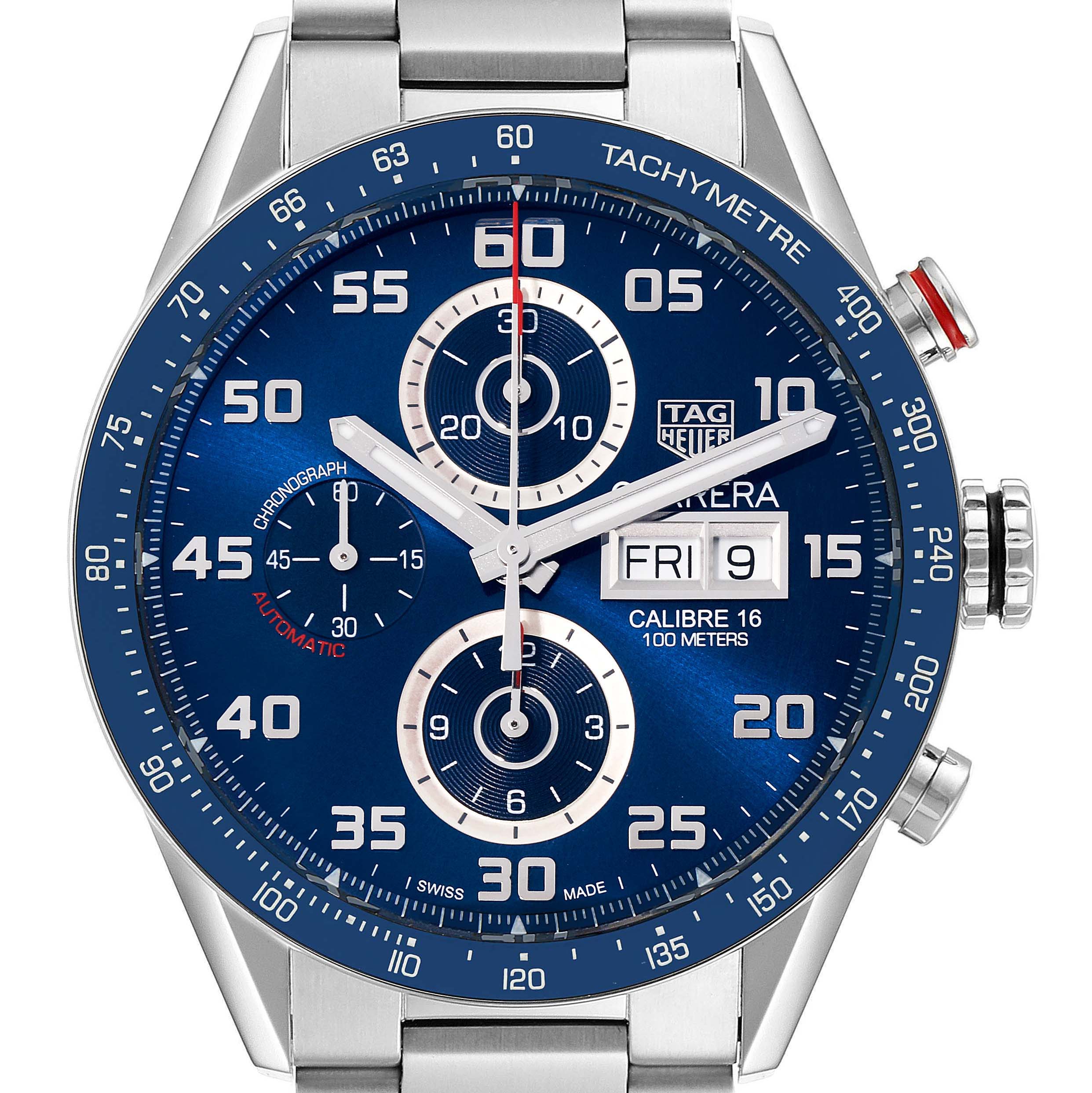 This image shows a front view of the Tag Heuer Carrera CV2A1V.BA0738 Men's Stainless Steel Blue Dial CV2A1V.BA0738 Men's Stainless Steel Blue Dial watch, highlighting its chronograph, tachymeter, and day-date features.