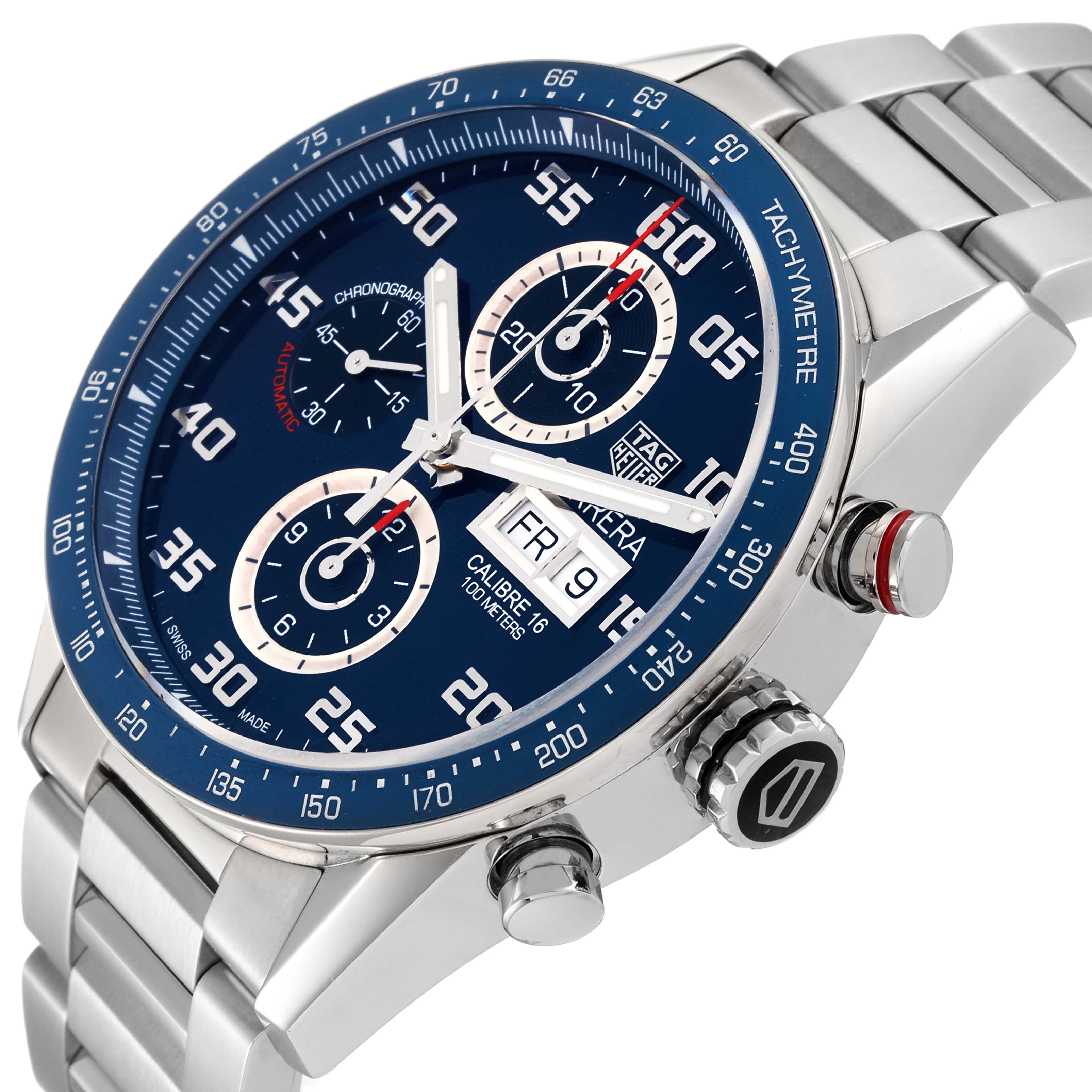 This image shows a close-up angled view of the Tag Heuer Carrera CV2A1V.BA0738 Men's Stainless Steel Blue Dial CV2A1V.BA0738 Men's Stainless Steel Blue Dial watch, highlighting its dial, bezel, and bracelet.