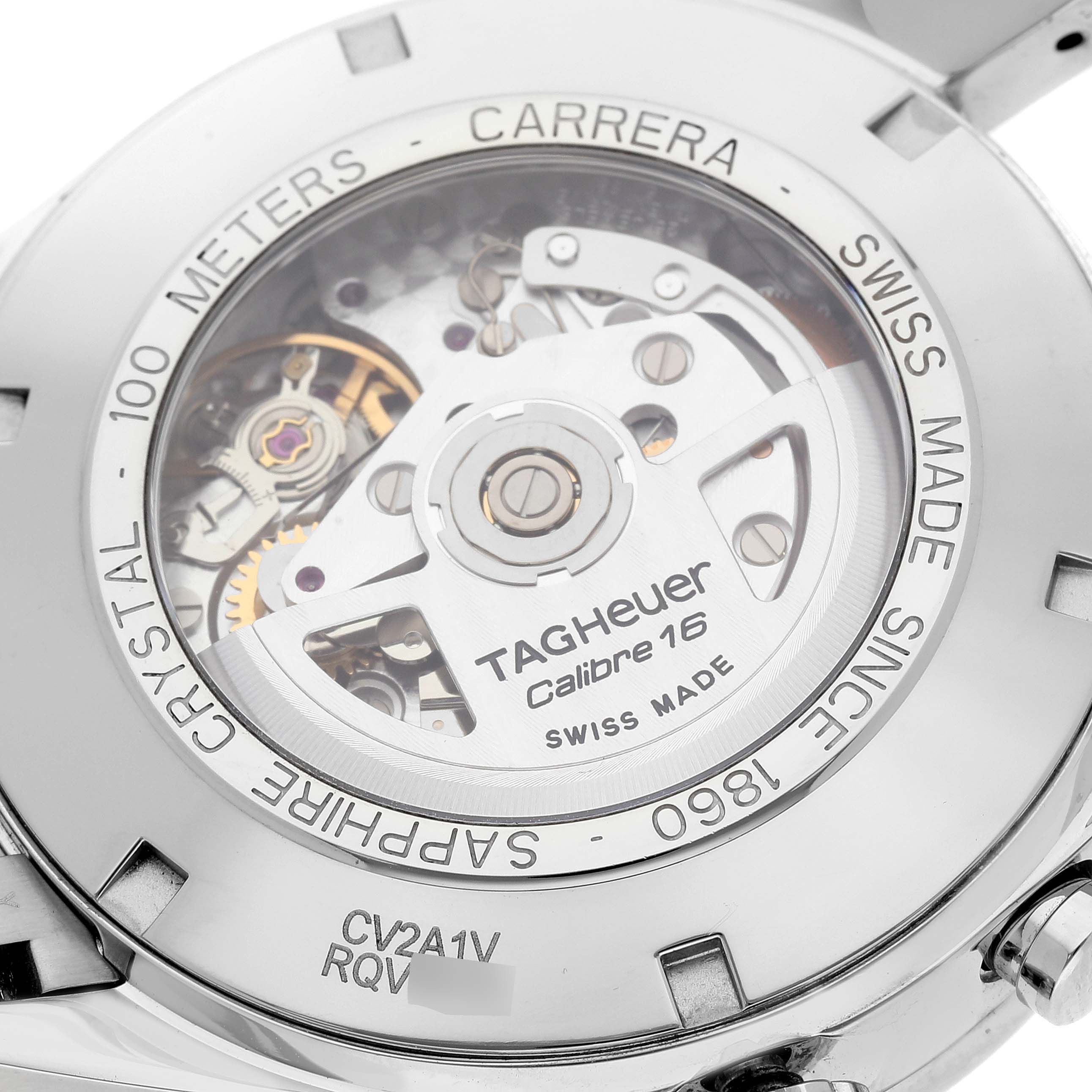 The image shows the back side of a Tag Heuer Carrera CV2A1V.BA0738 Men's Stainless Steel Blue Dial CV2A1V.BA0738 Men's Stainless Steel Blue Dial watch, revealing its Calibre 16 movement through the sapphire crystal case back.