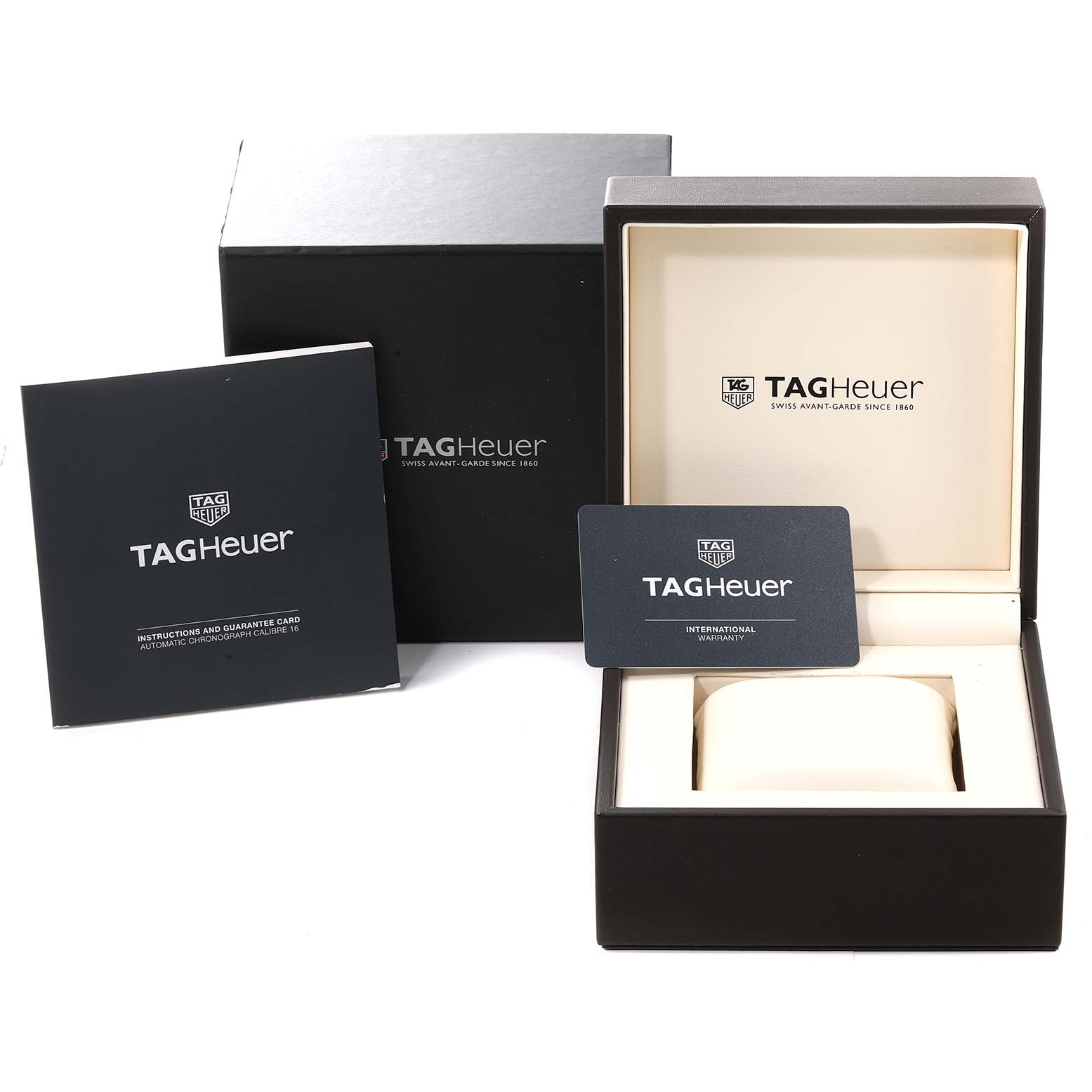 The image shows the box, instruction booklet, and warranty card for a Tag Heuer Carrera CV2A1V.BA0738 Men's Stainless Steel Blue Dial CV2A1V.BA0738 Men's Stainless Steel Blue Dial model watch.