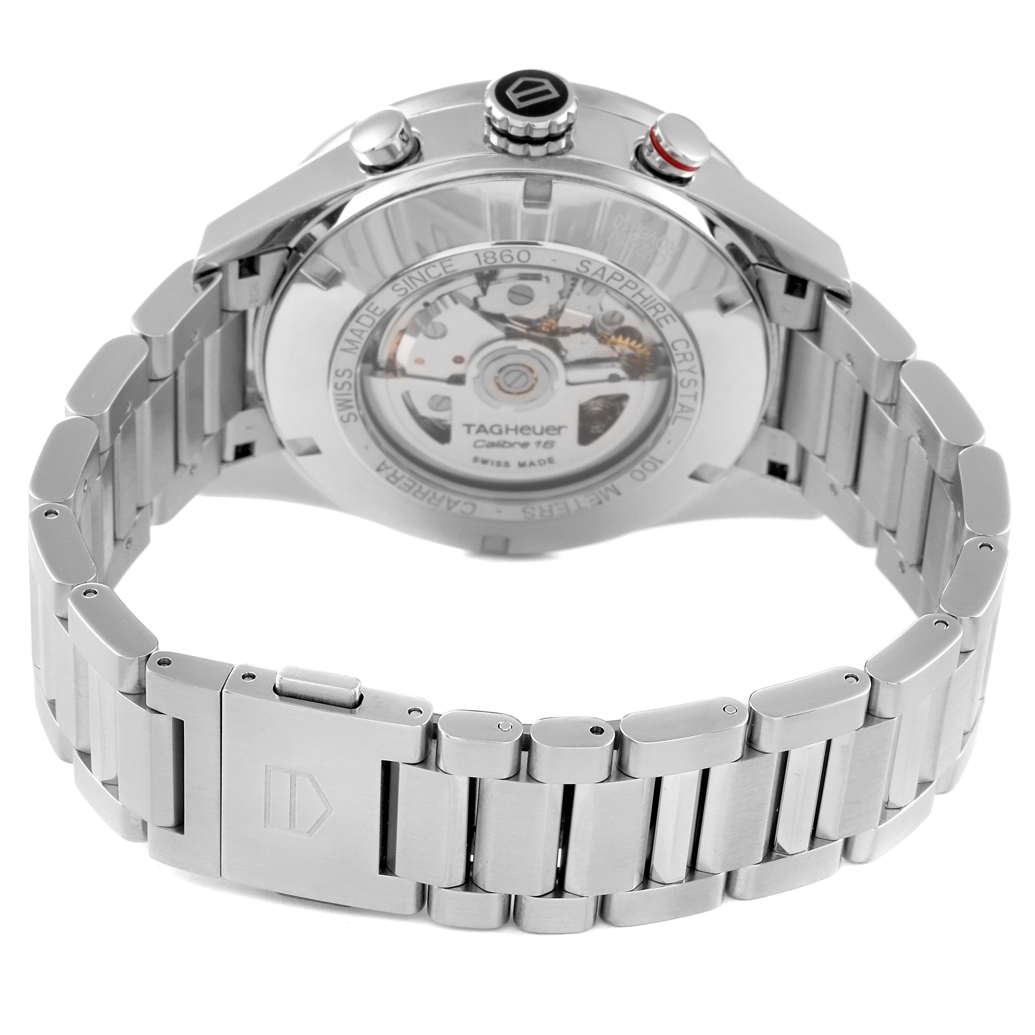 The image shows the backside and bracelet of the Tag Heuer Carrera CV2A1V.BA0738 Men's Stainless Steel Blue Dial CV2A1V.BA0738 Men's Stainless Steel Blue Dial watch, highlighting its automatic movement.