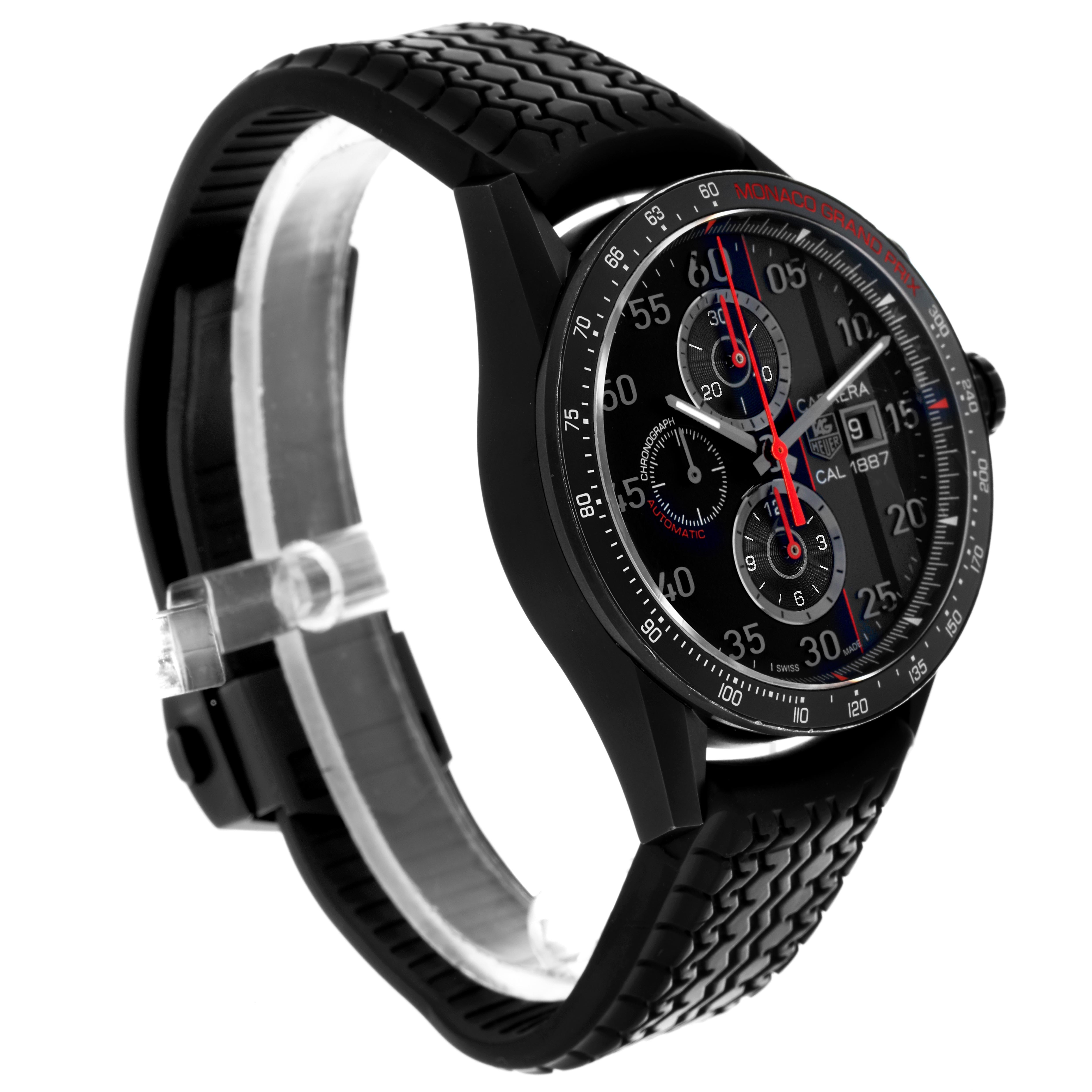 The Tag Heuer Carrera CAR2A83.FT6033 Men's Titanium Black Dial CAR2A83.FT6033 Men's Titanium Black Dial watch is shown at a tilted angle, highlighting the face, bezel, and rubber strap.