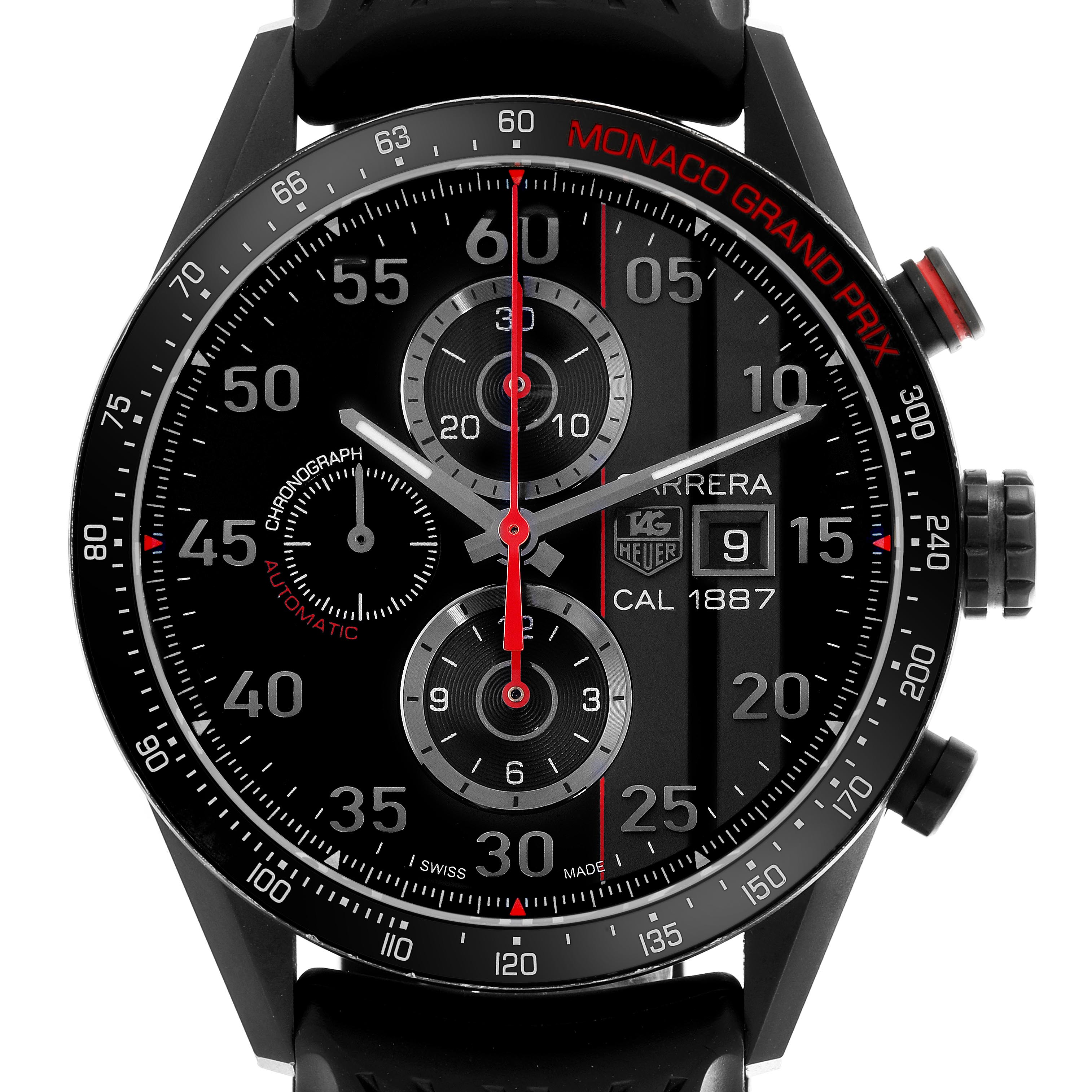 The Tag Heuer Carrera CAR2A83.FT6033 Men's Titanium Black Dial CAR2A83.FT6033 Men's Titanium Black Dial watch is shown from the front, highlighting the dial, hands, subdials, date display, and crown.