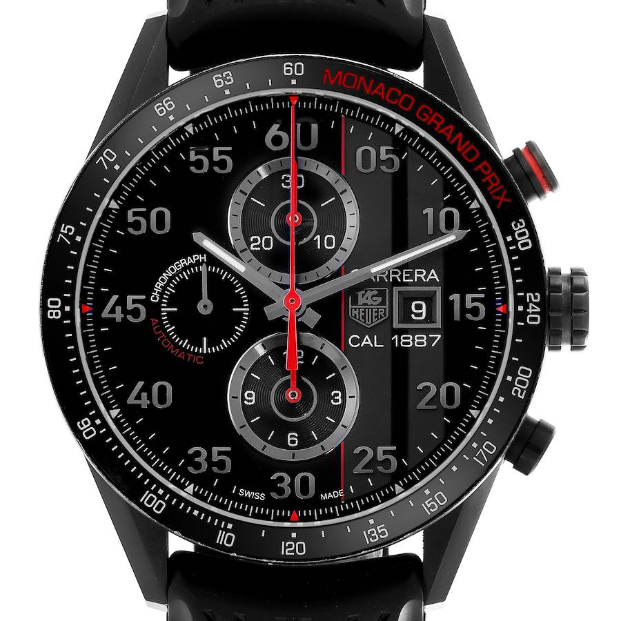 The Tag Heuer Carrera watch is shown from the front, highlighting the dial, hands, subdials, date display, and crown.
