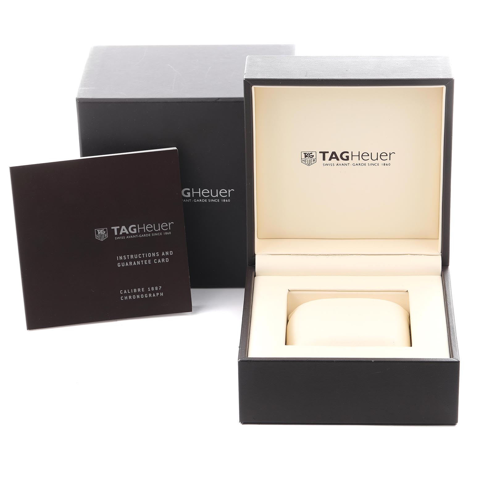 The image shows an open Tag Heuer Carrera CAR2A83.FT6033 Men's Titanium Black Dial CAR2A83.FT6033 Men's Titanium Black Dial watch box, guarantee card, and outer packaging from a front angle.