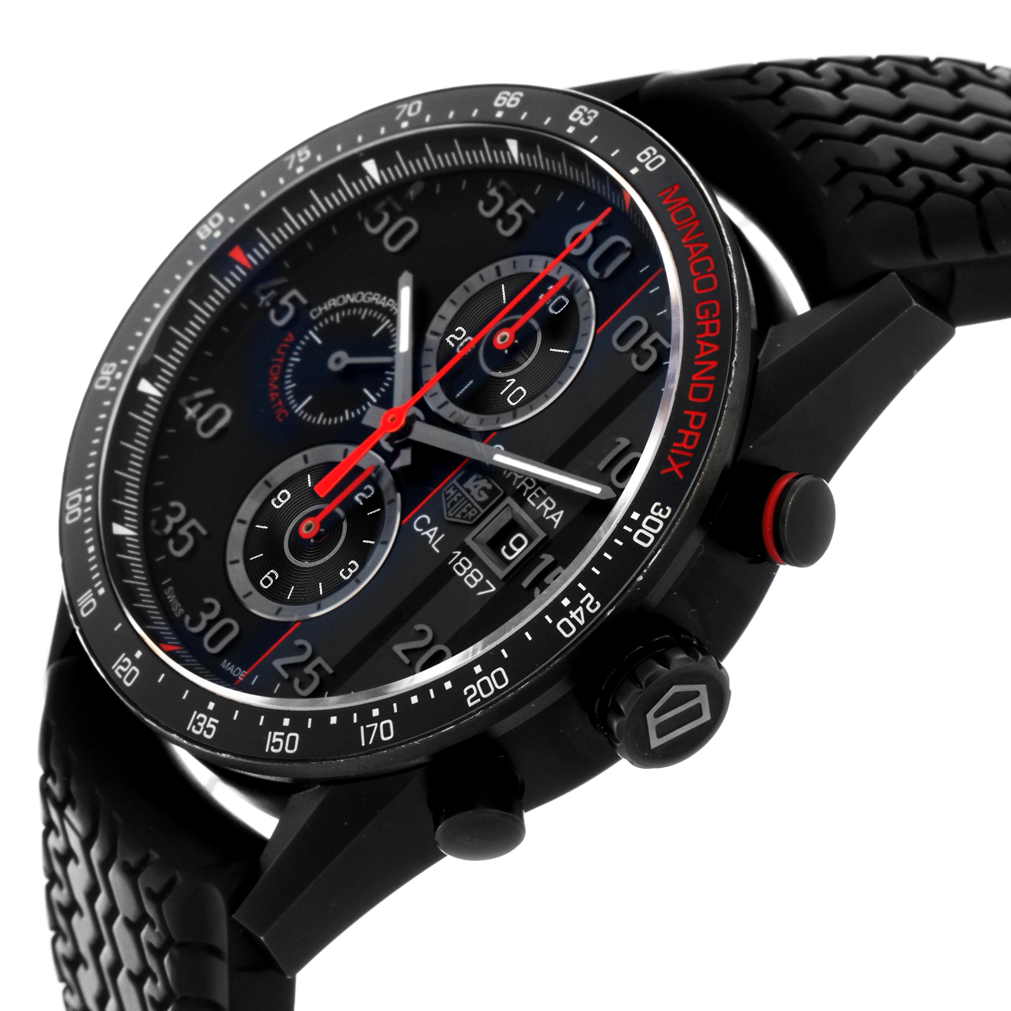 The Tag Heuer Carrera CAR2A83.FT6033 Men's Titanium Black Dial CAR2A83.FT6033 Men's Titanium Black Dial watch is shown at an angle highlighting the bezel, chronograph dials, and pushers.