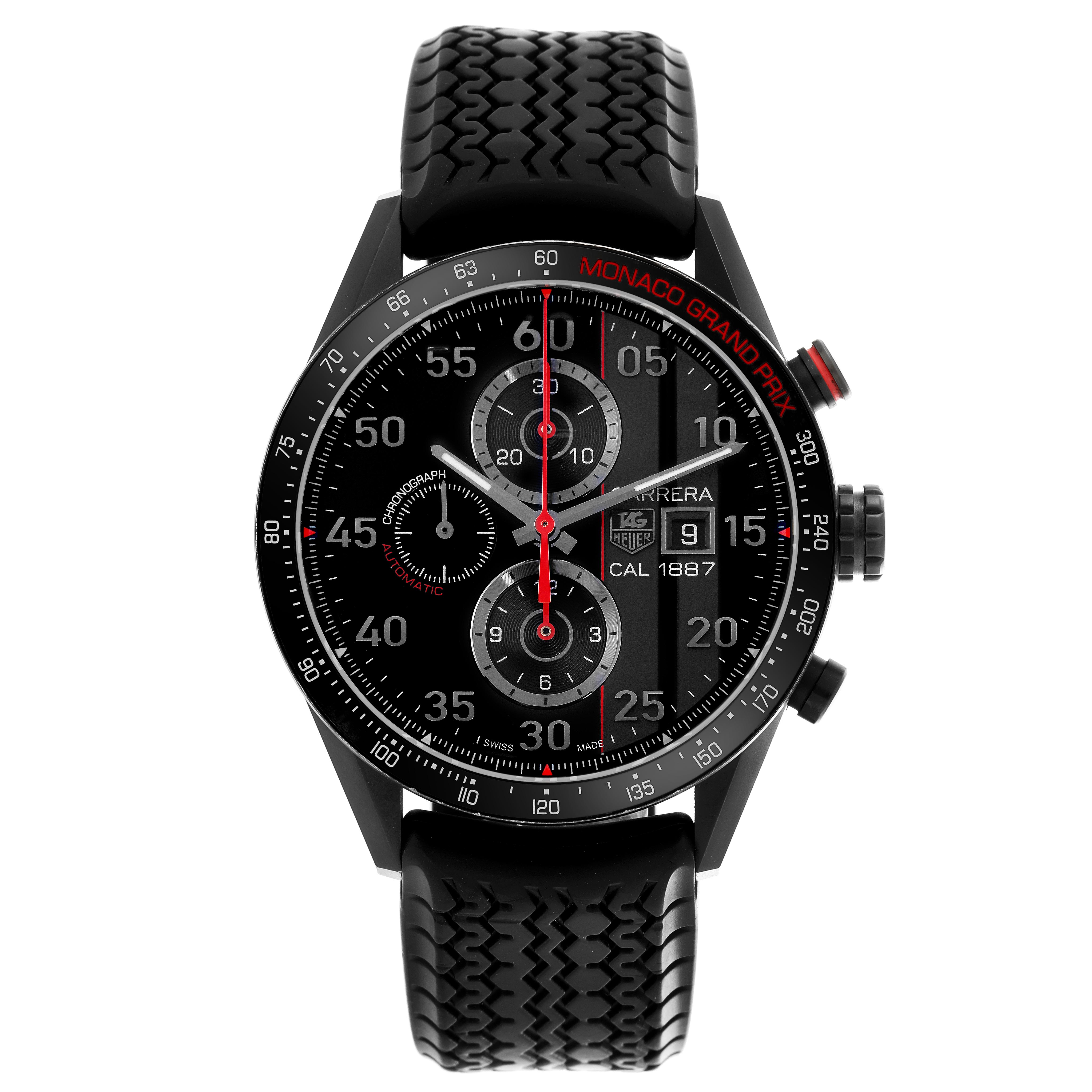The Tag Heuer Carrera CAR2A83.FT6033 Men's Titanium Black Dial CAR2A83.FT6033 Men's Titanium Black Dial watch is shown from a front angle, displaying the face, bezel, crown, and strap.