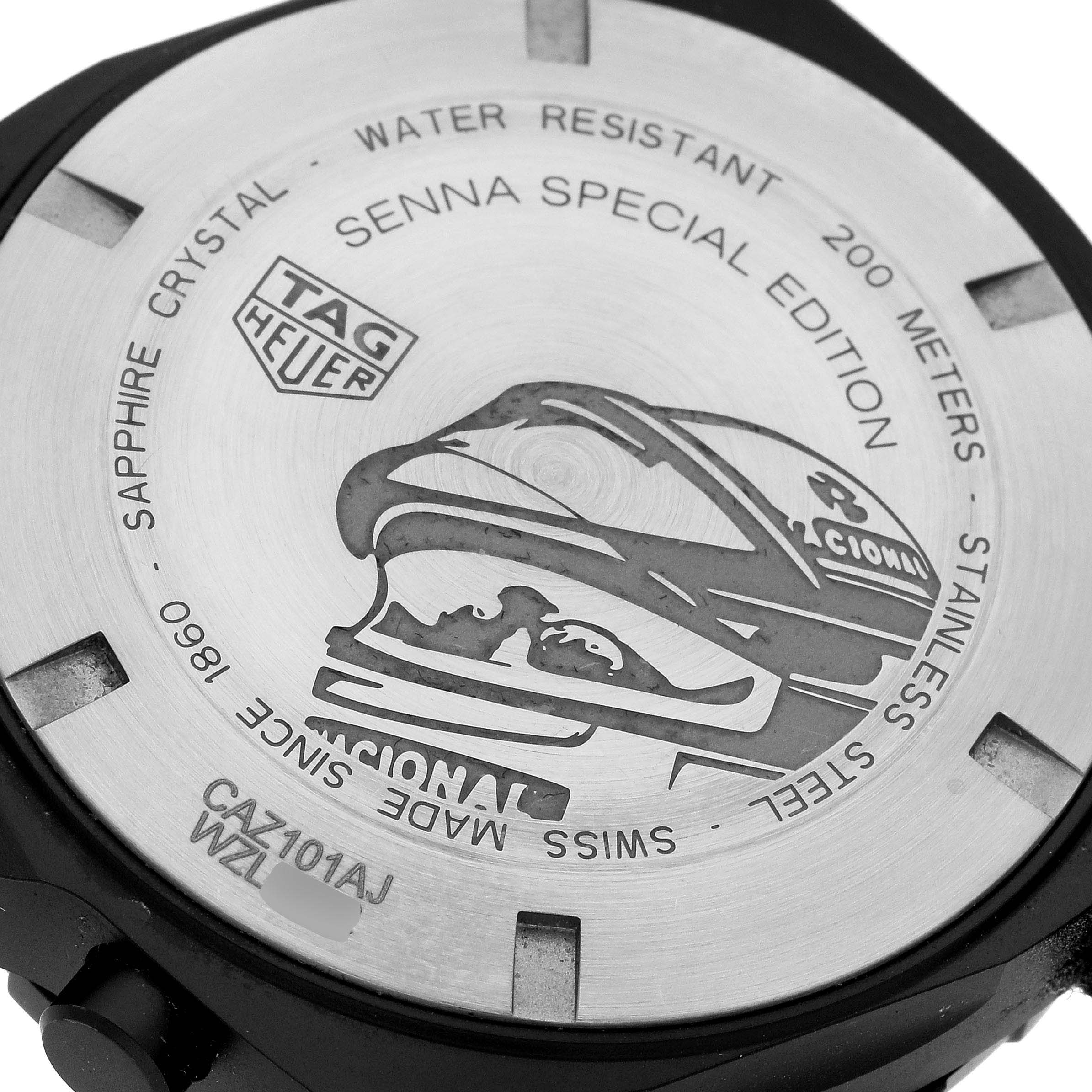 The image shows the back case of the Tag Heuer Formula 1 CAZ101AJ.FC6487 Men's Stainless Steel Green Dial CAZ101AJ.FC6487 Men's Stainless Steel Green Dial Senna Special Edition watch.