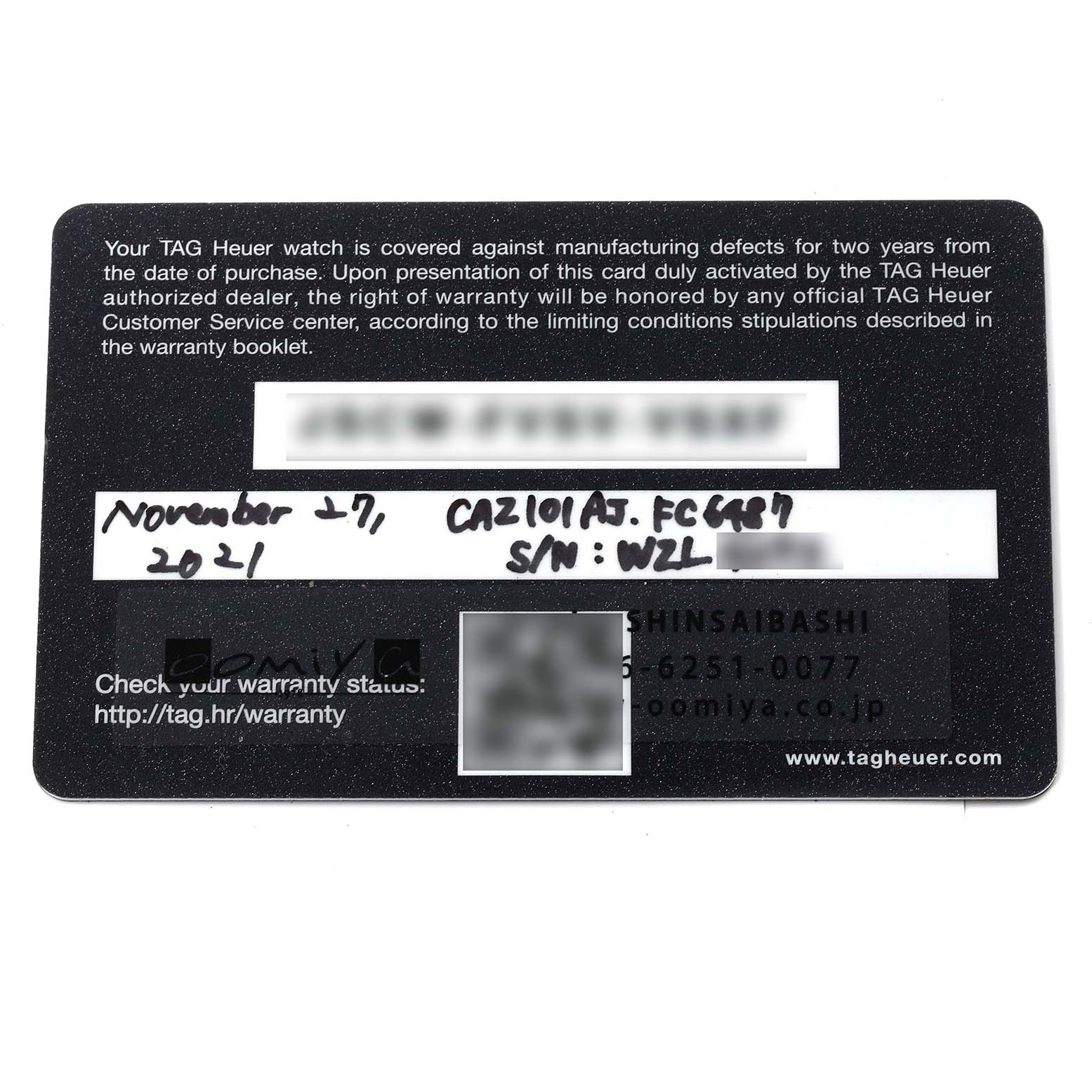 The image shows an official warranty card for the Tag Heuer Formula 1 CAZ101AJ.FC6487 Men's Stainless Steel Green Dial CAZ101AJ.FC6487 Men's Stainless Steel Green Dial model watch, including purchase date and serial number.